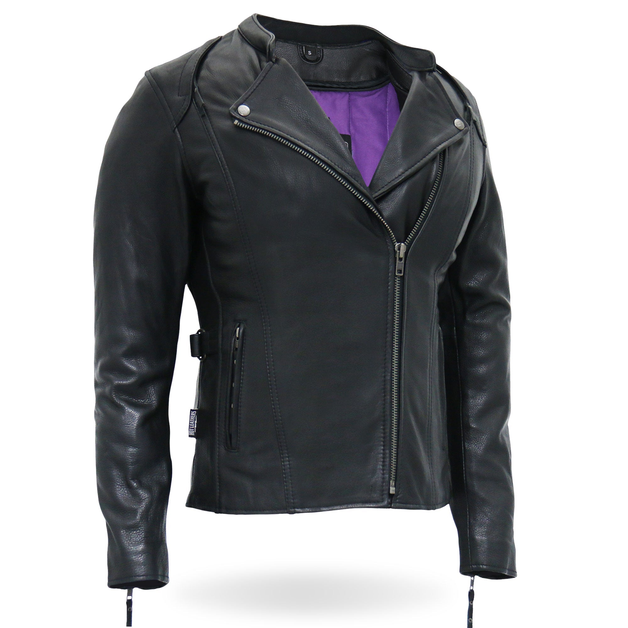 JKL1032 Ladies Motorcycle Black Leather Biker Jacket with Vented Side Snaps