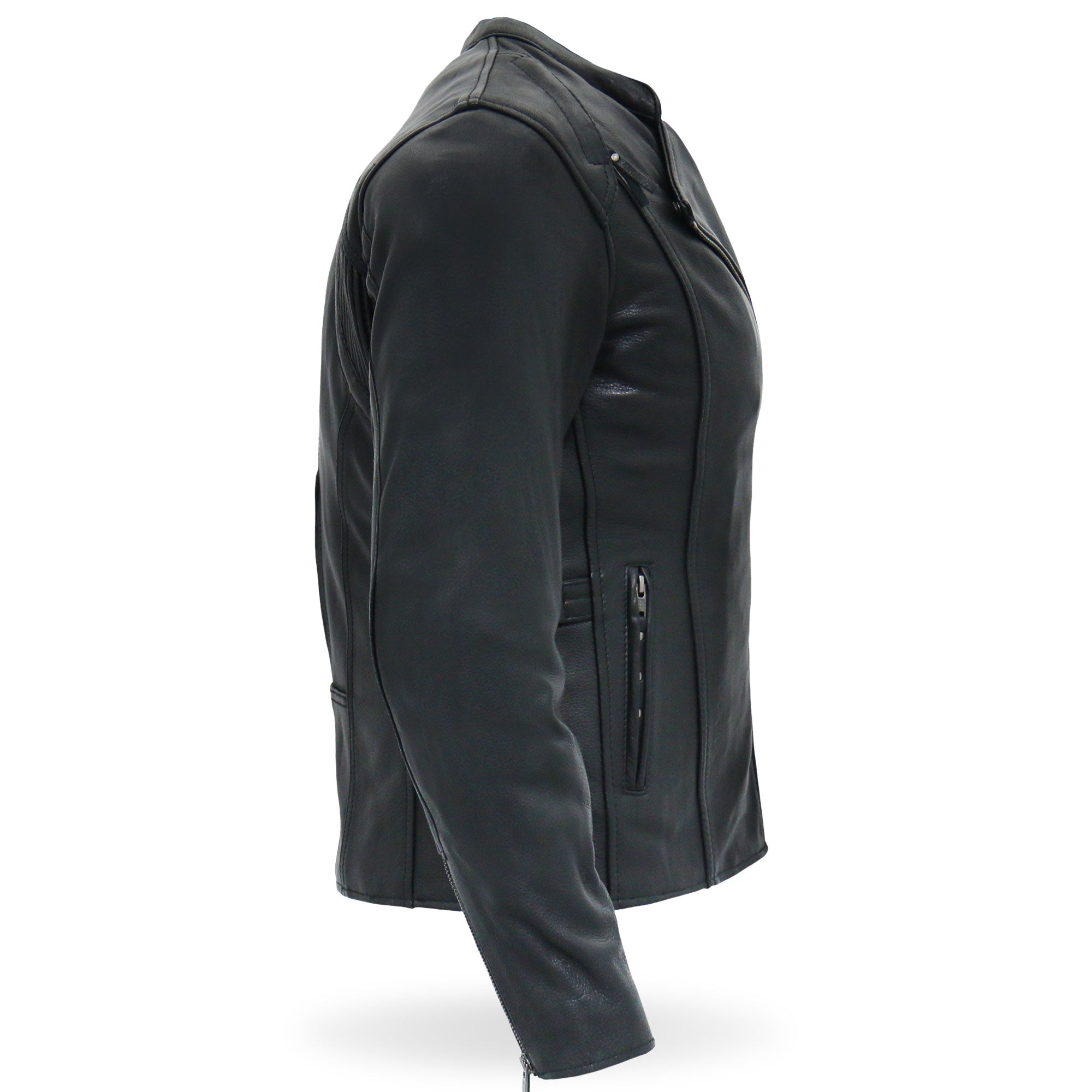 JKL1032 Ladies Motorcycle Black Leather Biker Jacket with Vented Side Snaps