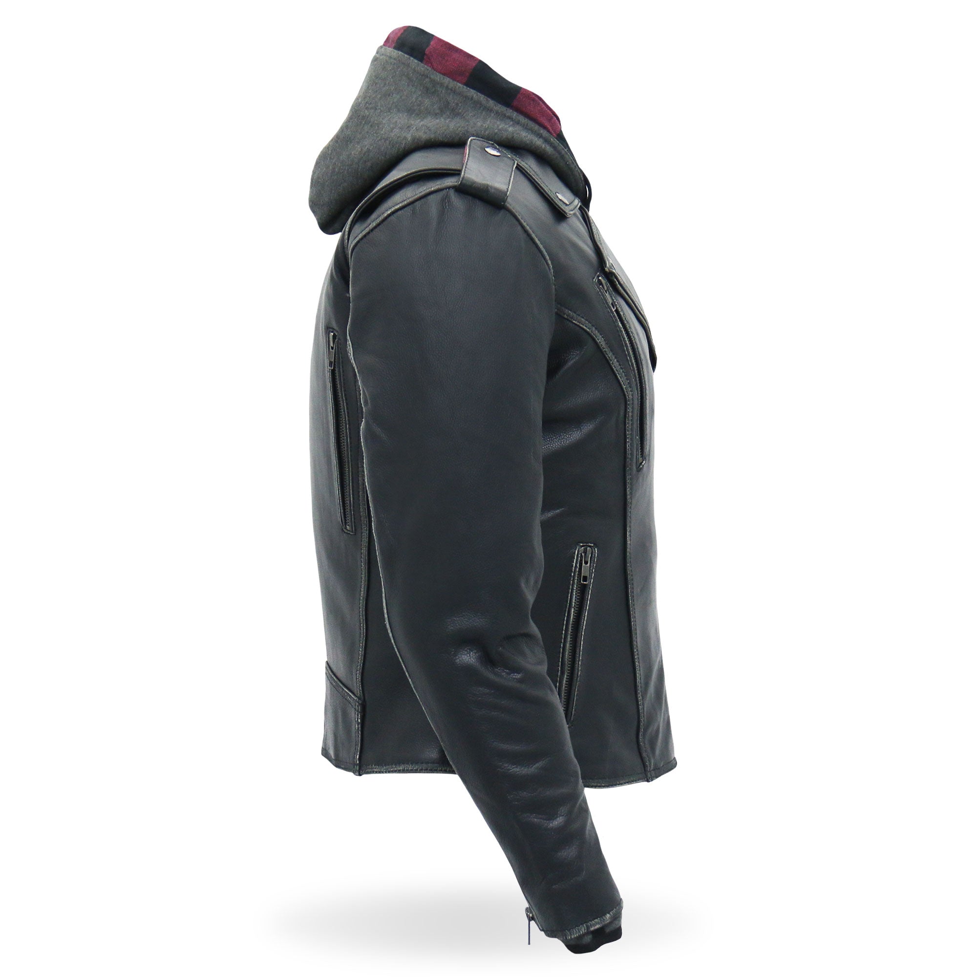 JKL1033 Ladies Biker Black Leather Motorcycle Jacket with Removable Hoodie