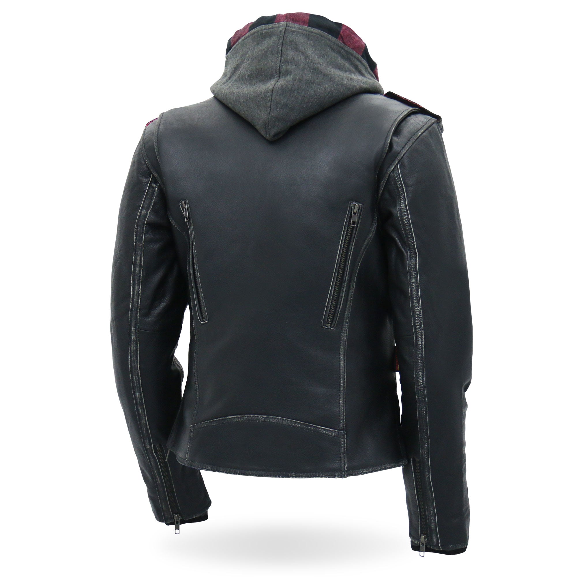 JKL1033 Ladies Biker Black Leather Motorcycle Jacket with Removable Hoodie