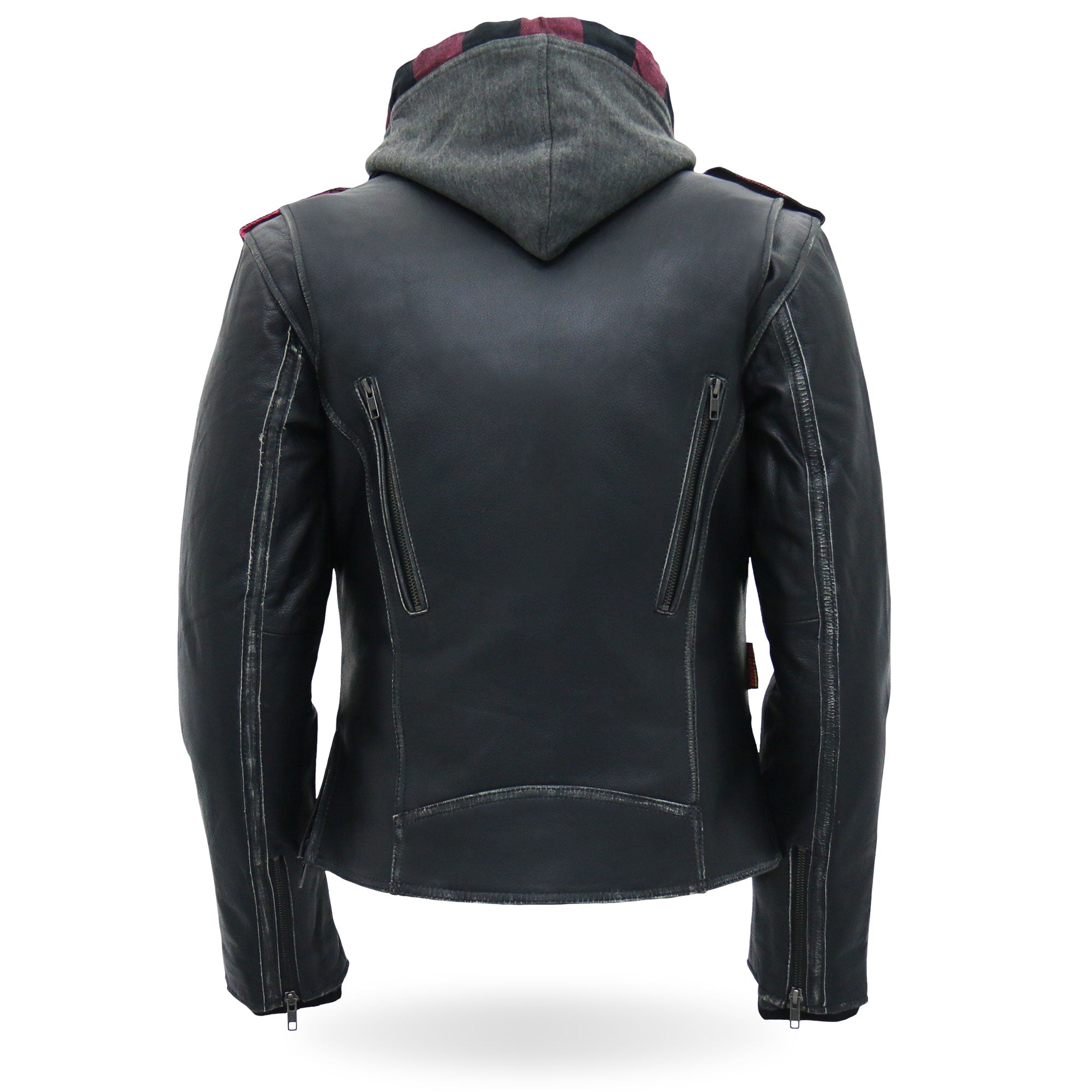 JKL1033 Ladies Biker Black Leather Motorcycle Jacket with Removable Hoodie