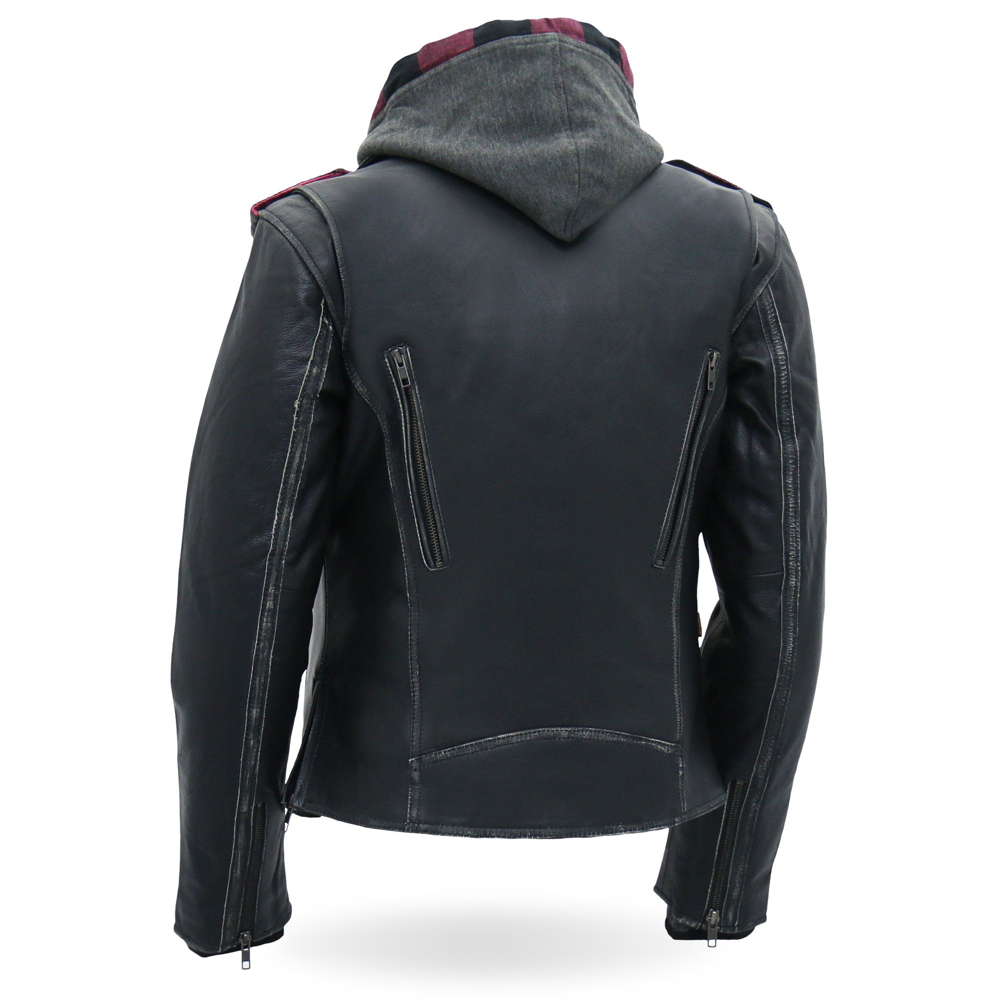 JKL1033 Ladies Biker Black Leather Motorcycle Jacket with Removable Hoodie