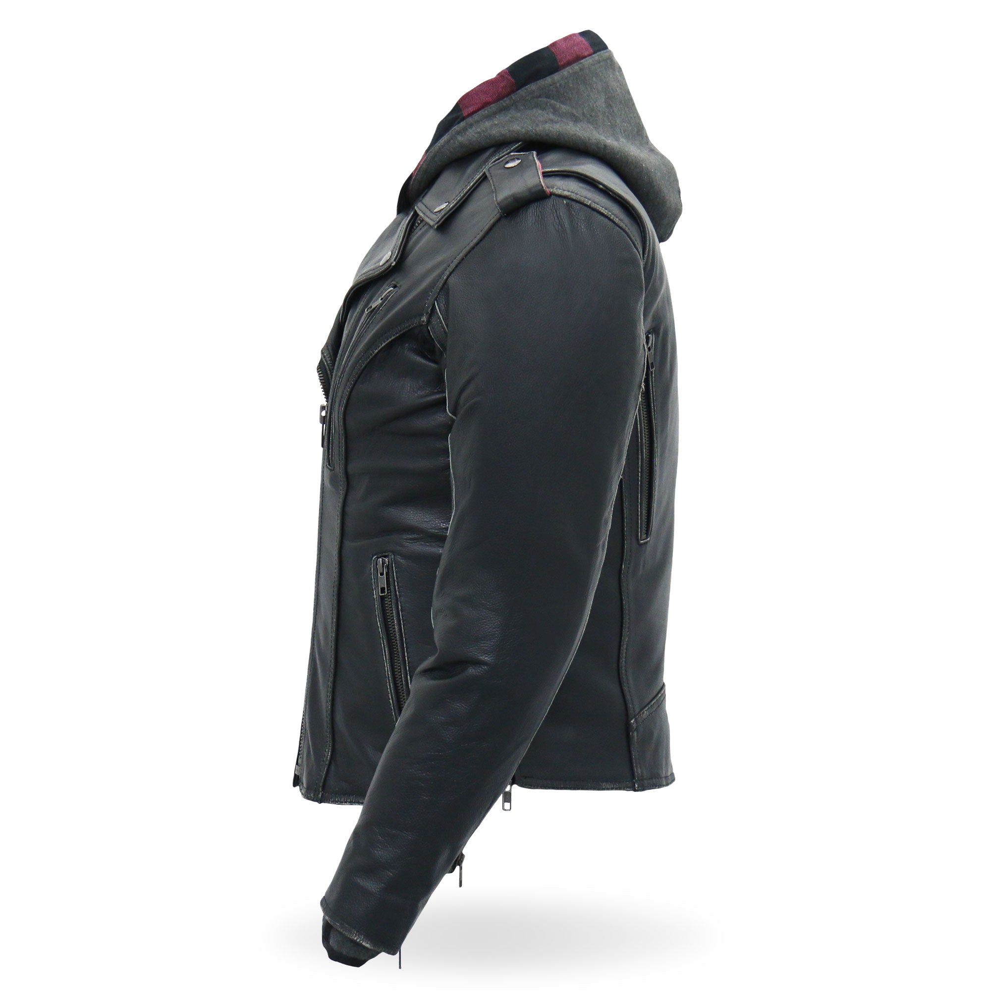 JKL1033 Ladies Biker Black Leather Motorcycle Jacket with Removable Hoodie