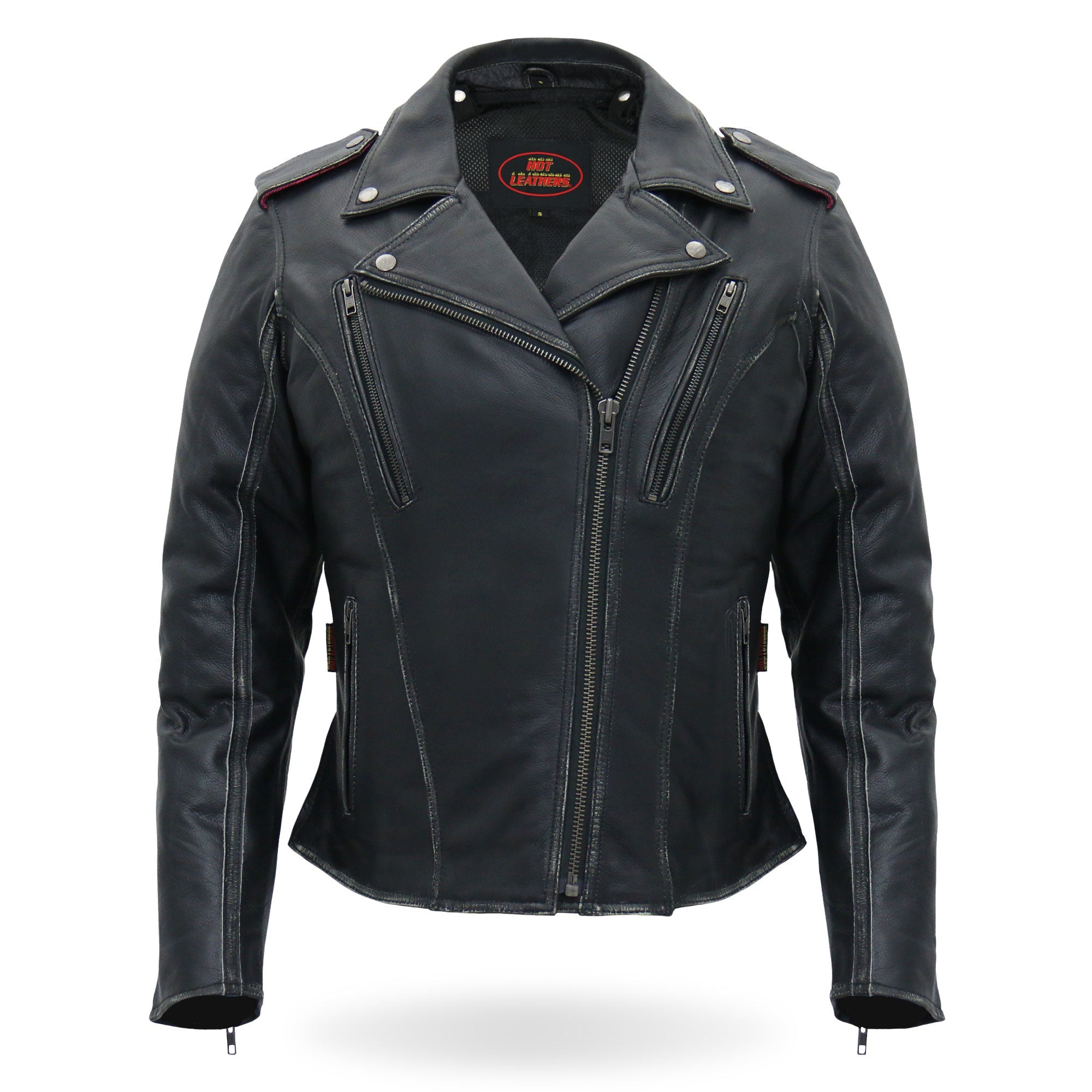 JKL1033 Ladies Biker Black Leather Motorcycle Jacket with Removable Hoodie