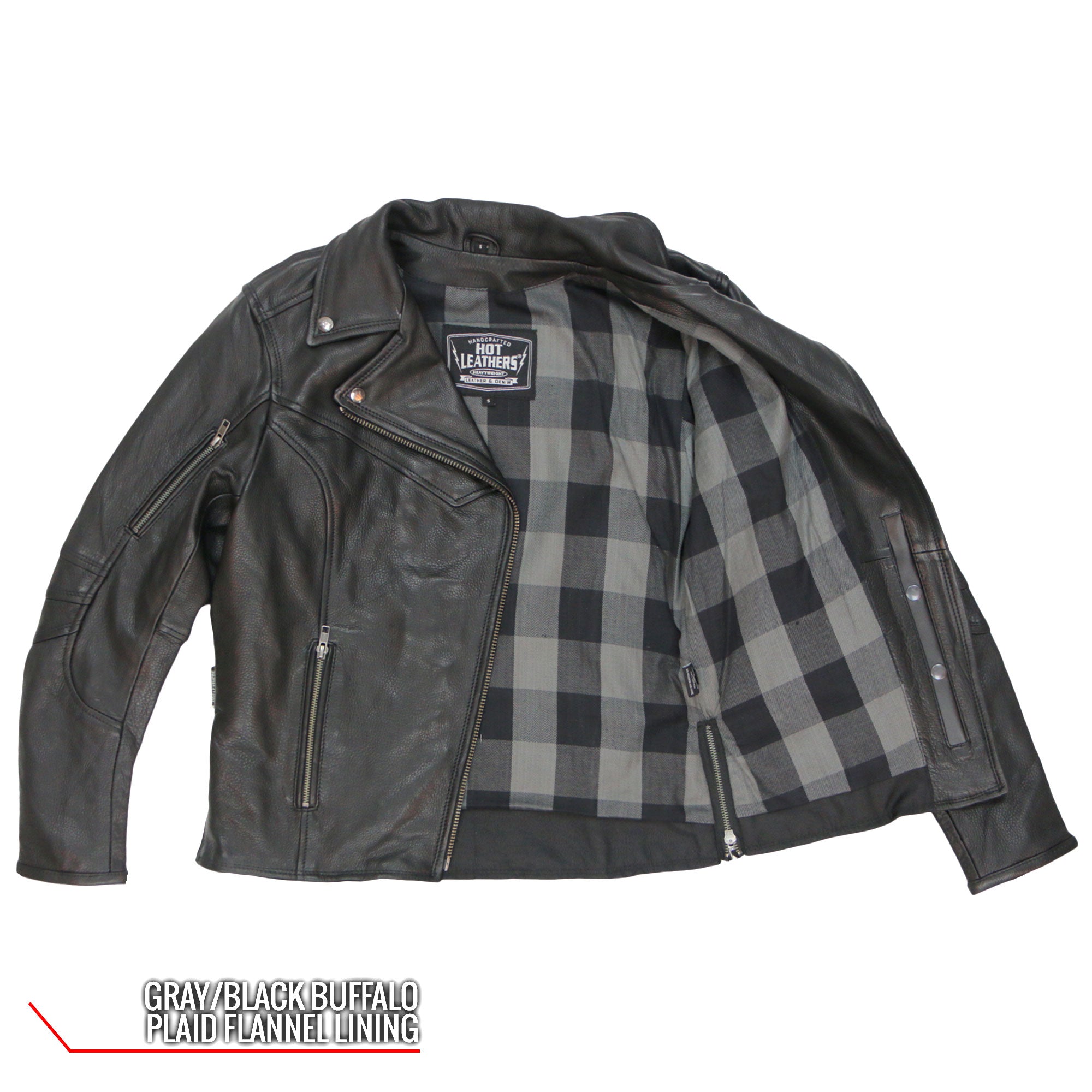 JKL1034 Ladies Biker Black Leather Motorcycle Jacket with Plaid Flannel Lining