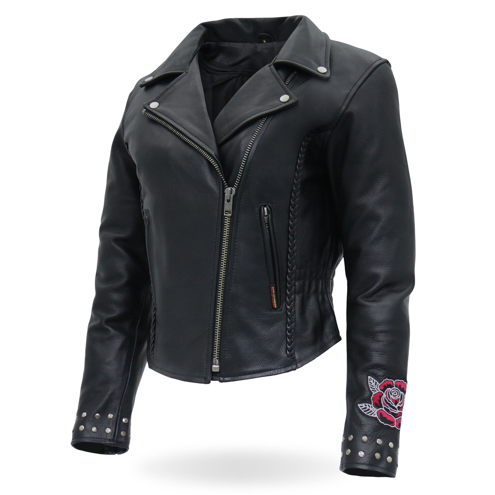 JKL2001 Ladies Black Braided Motorcycle Leather Biker Jacket with Embroidered Bling Rose Design