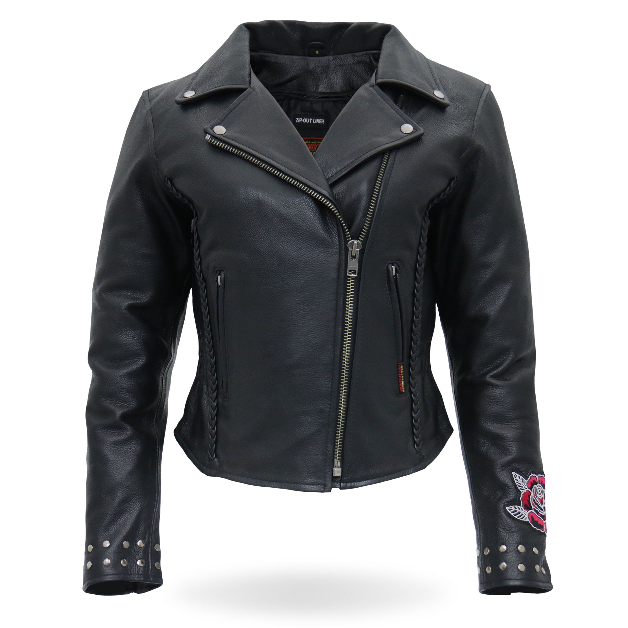 JKL2001 Ladies Black Braided Motorcycle Leather Biker Jacket with Embroidered Bling Rose Design