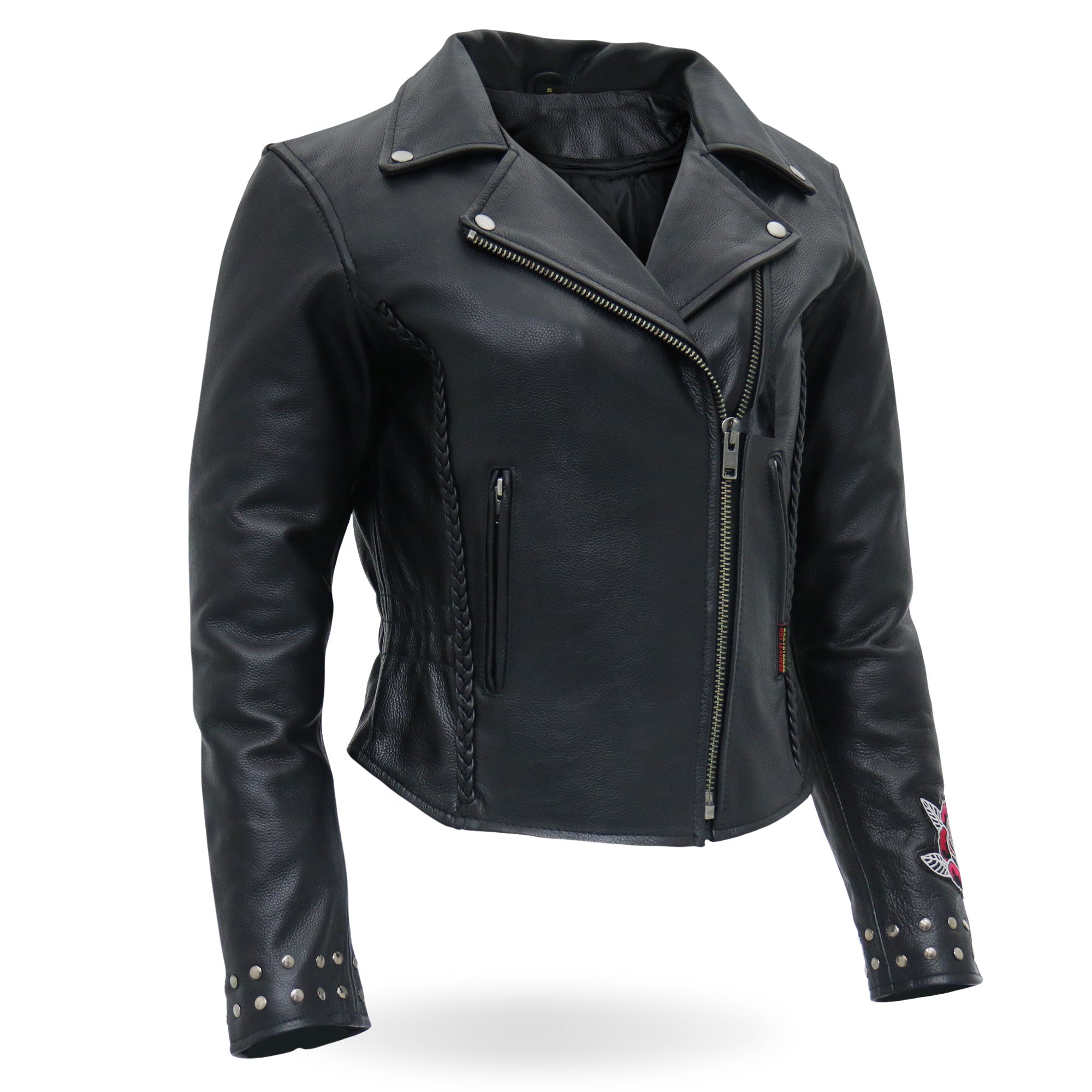 JKL2001 Ladies Black Braided Motorcycle Leather Biker Jacket with Embroidered Bling Rose Design