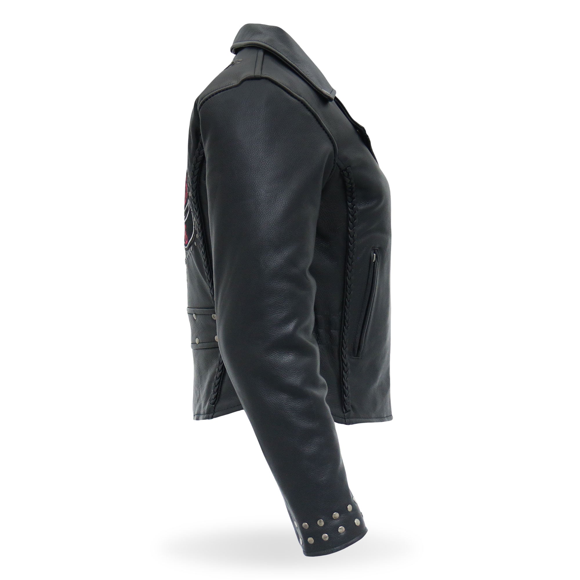 JKL2001 Ladies Black Braided Motorcycle Leather Biker Jacket with Embroidered Bling Rose Design