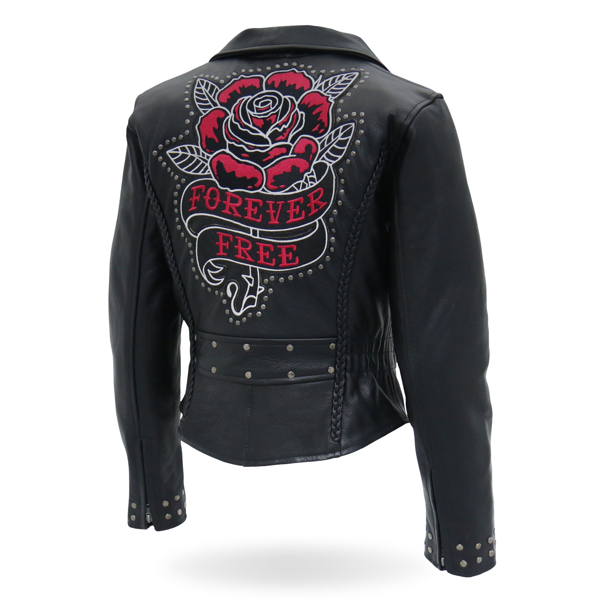 JKL2001 Ladies Black Braided Motorcycle Leather Biker Jacket with Embroidered Bling Rose Design