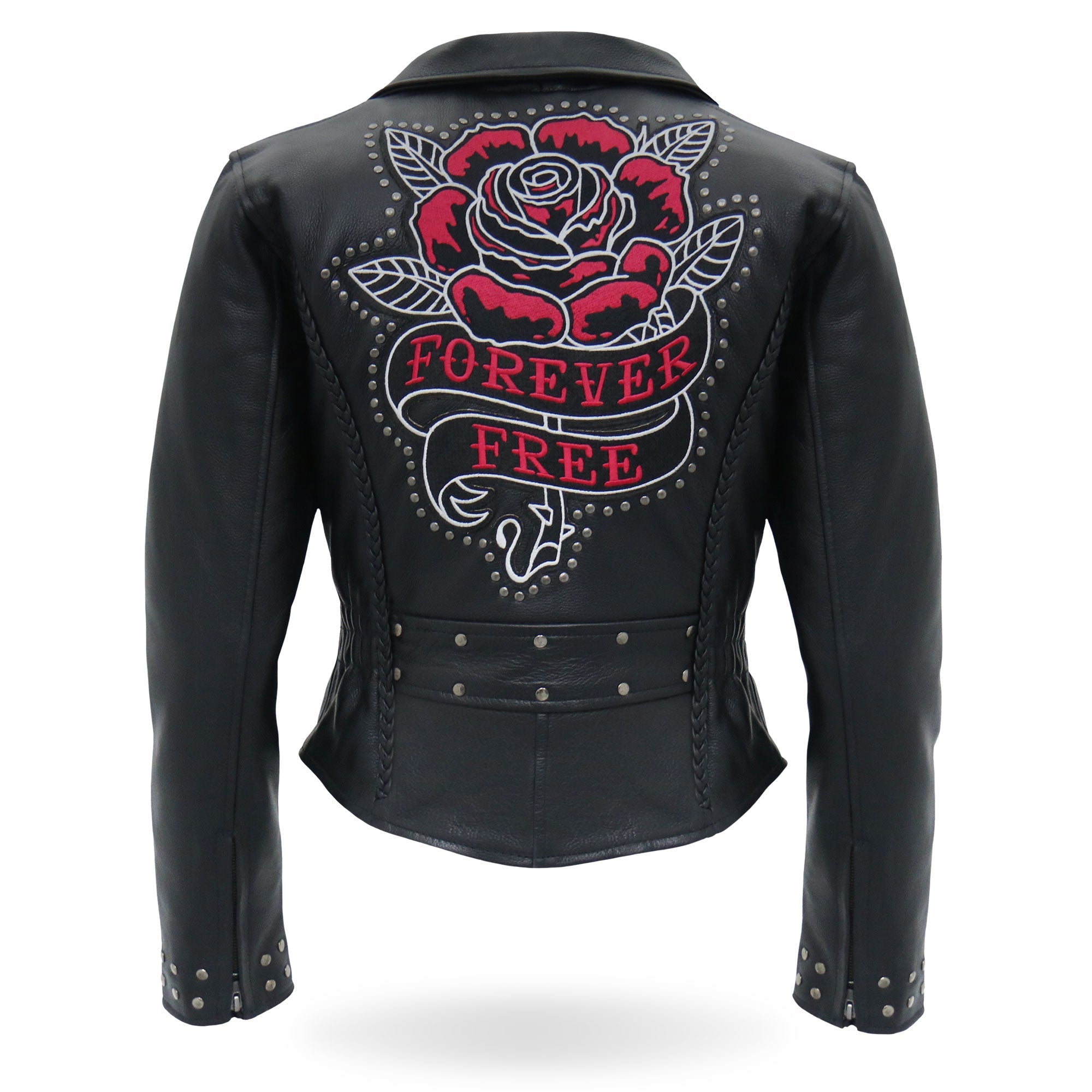 JKL2001 Ladies Black Braided Motorcycle Leather Biker Jacket with Embroidered Bling Rose Design