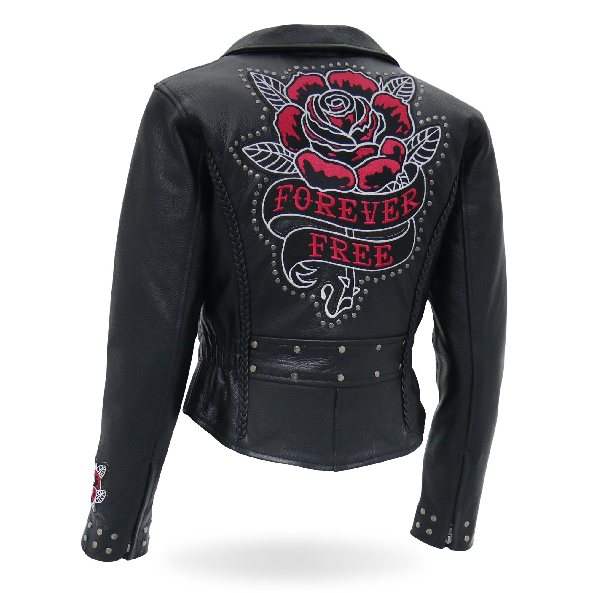 JKL2001 Ladies Black Braided Motorcycle Leather Biker Jacket with Embroidered Bling Rose Design