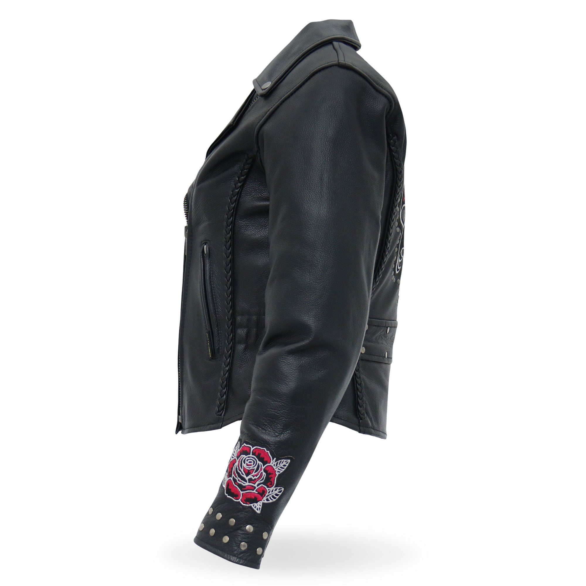 JKL2001 Ladies Black Braided Motorcycle Leather Biker Jacket with Embroidered Bling Rose Design