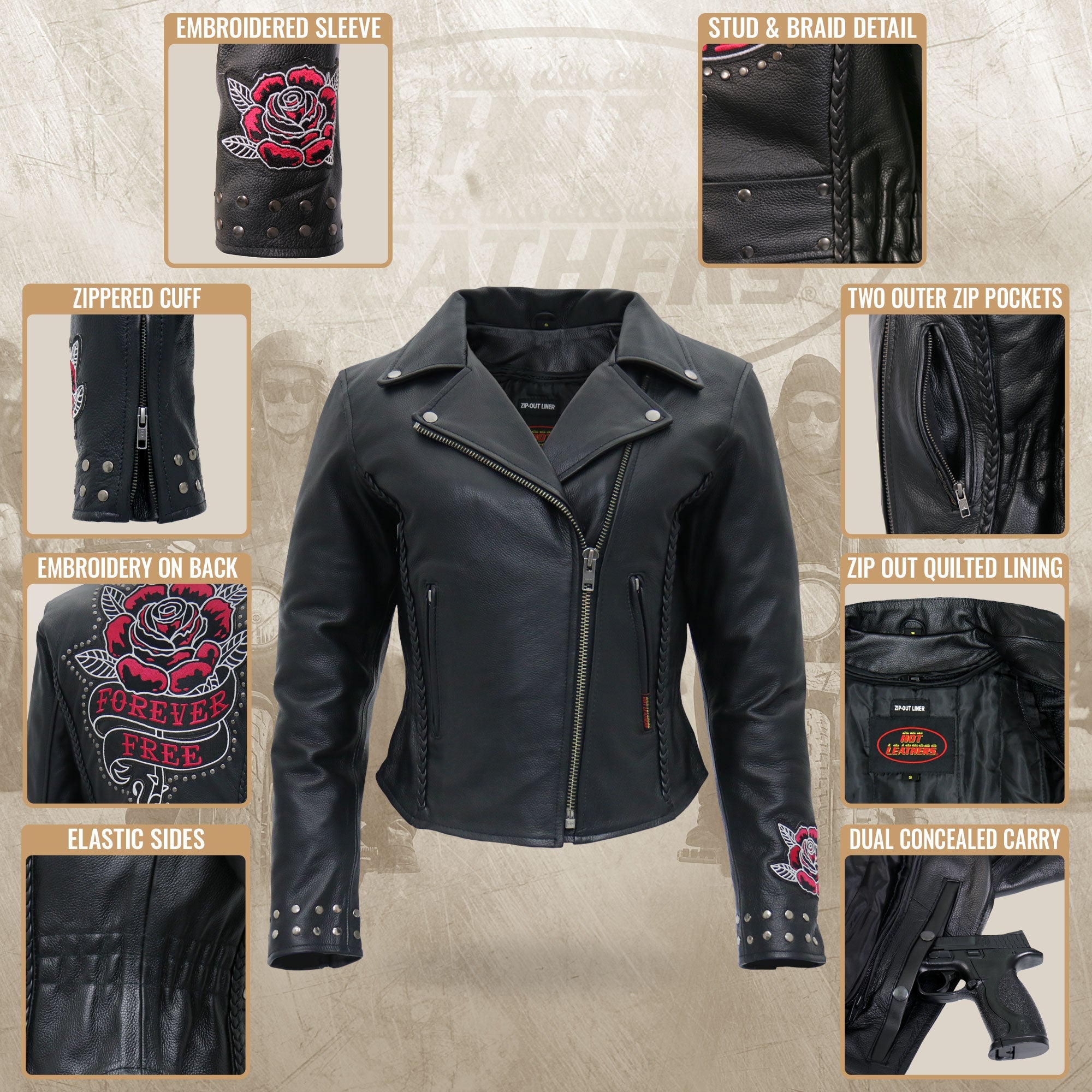 JKL2001 Ladies Black Braided Motorcycle Leather Biker Jacket with Embroidered Bling Rose Design