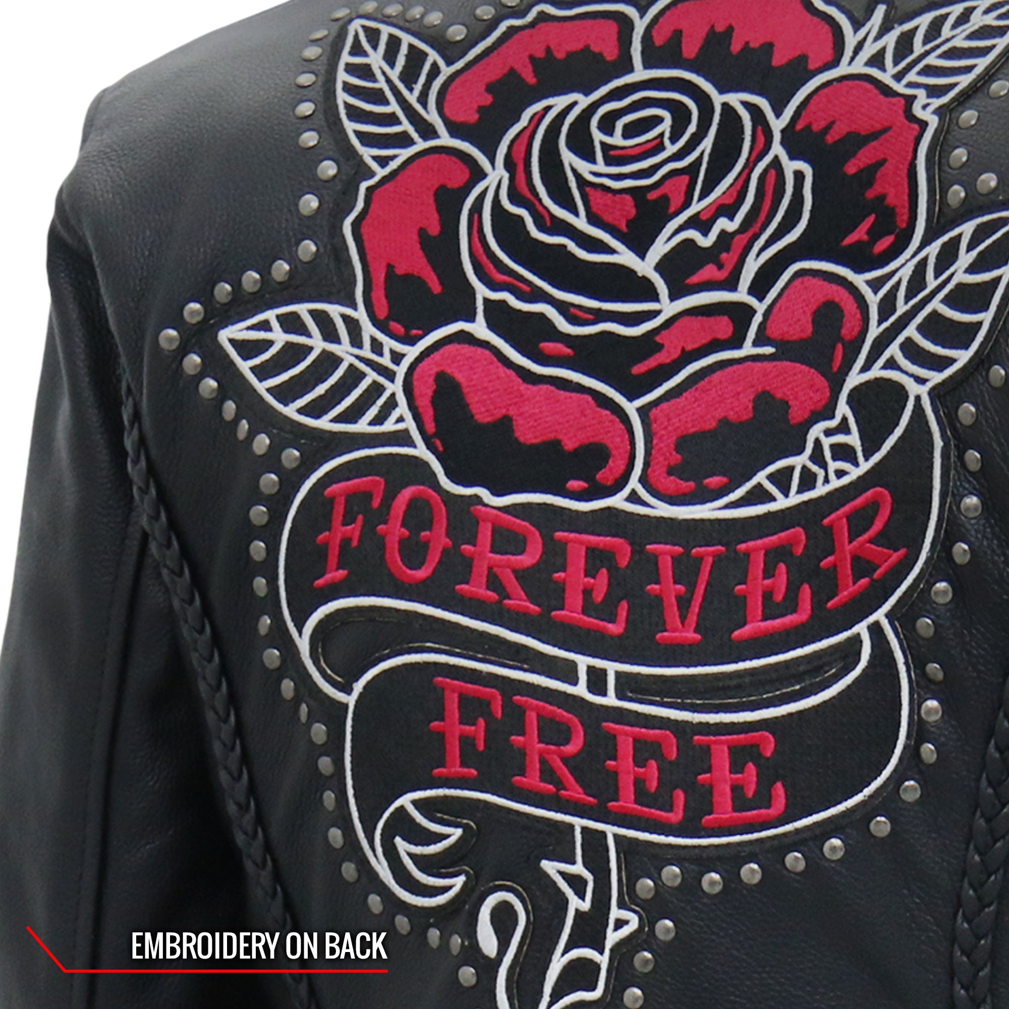 JKL2001 Ladies Black Braided Motorcycle Leather Biker Jacket with Embroidered Bling Rose Design