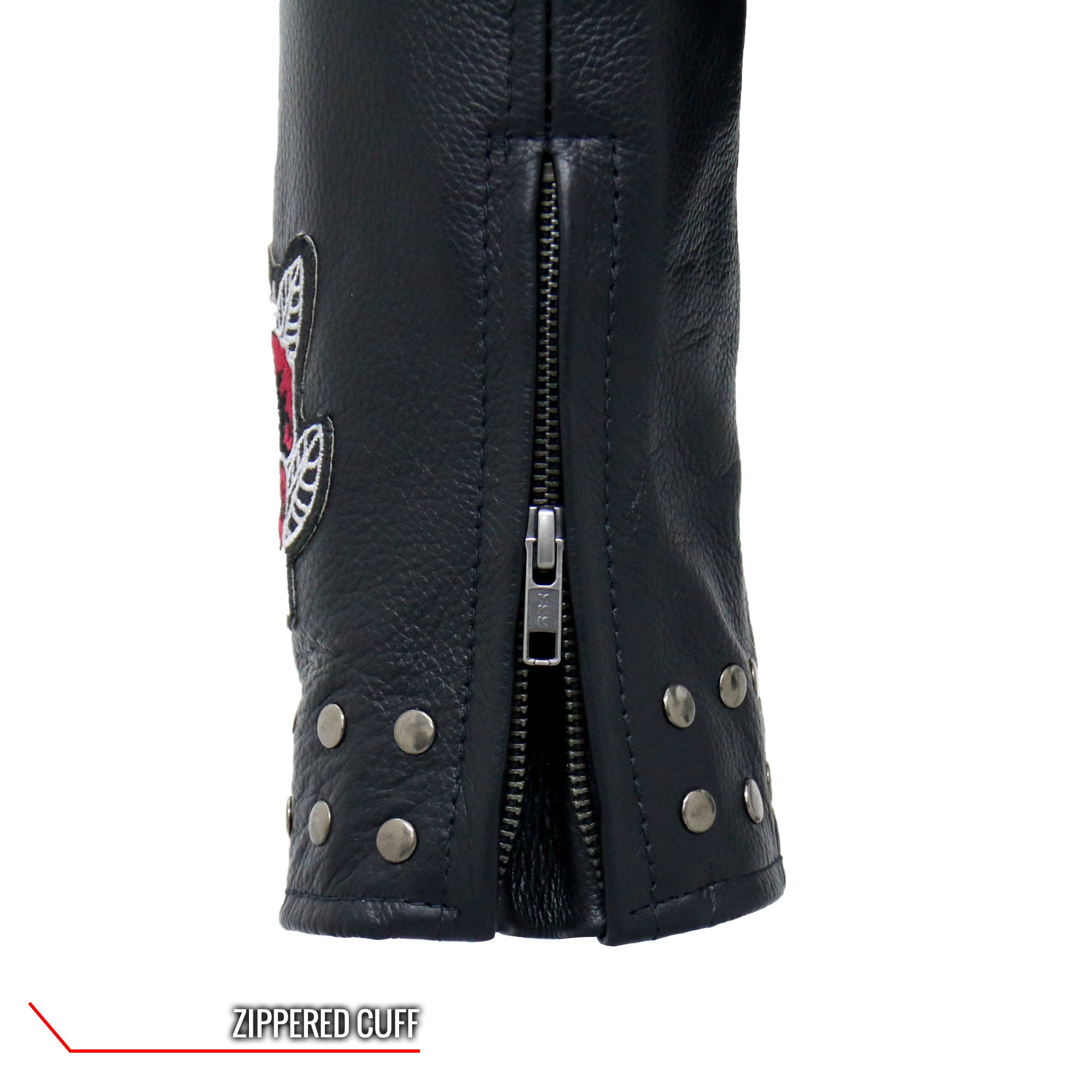 JKL2001 Ladies Black Braided Motorcycle Leather Biker Jacket with Embroidered Bling Rose Design