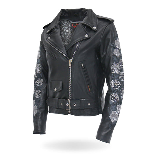 Rose Embroidered Ladies Motorcycle Style Leather Jacket