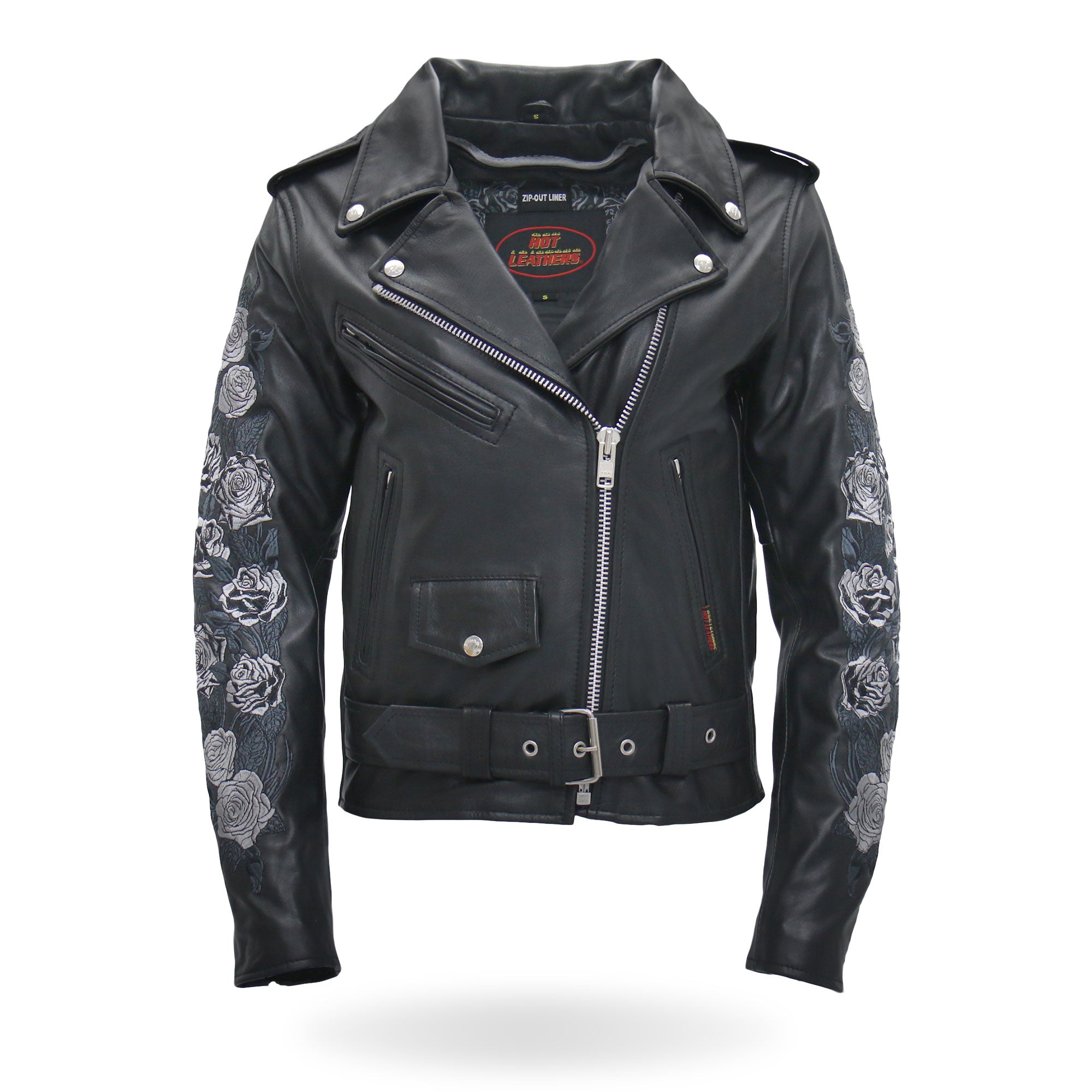 Rose Embroidered Ladies Motorcycle Style Leather Jacket