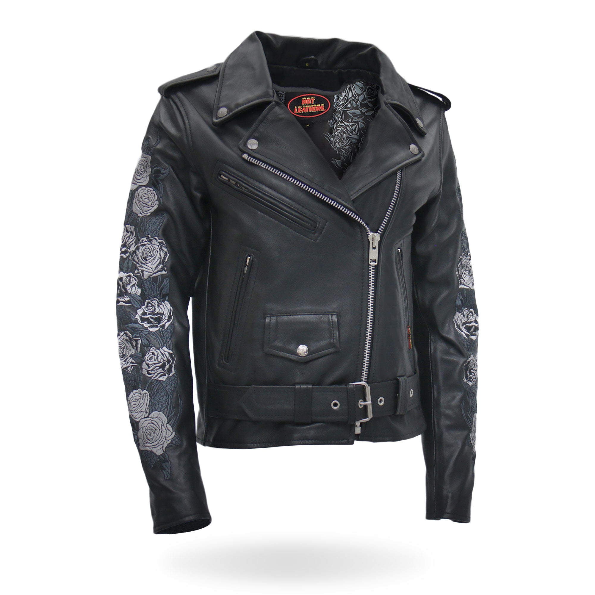 Rose Embroidered Ladies Motorcycle Style Leather Jacket