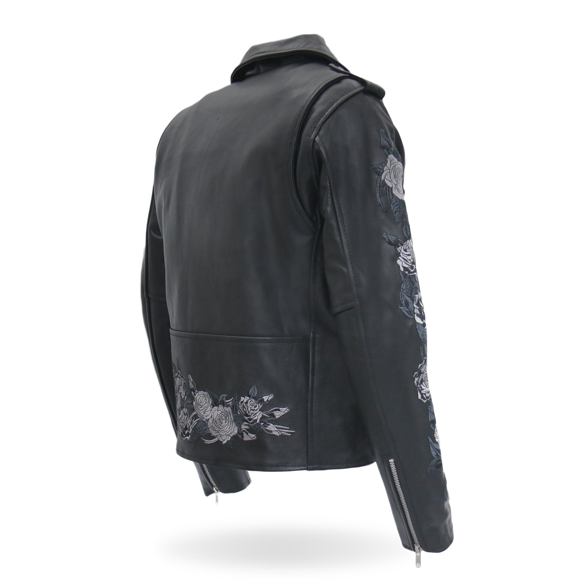 Rose Embroidered Ladies Motorcycle Style Leather Jacket