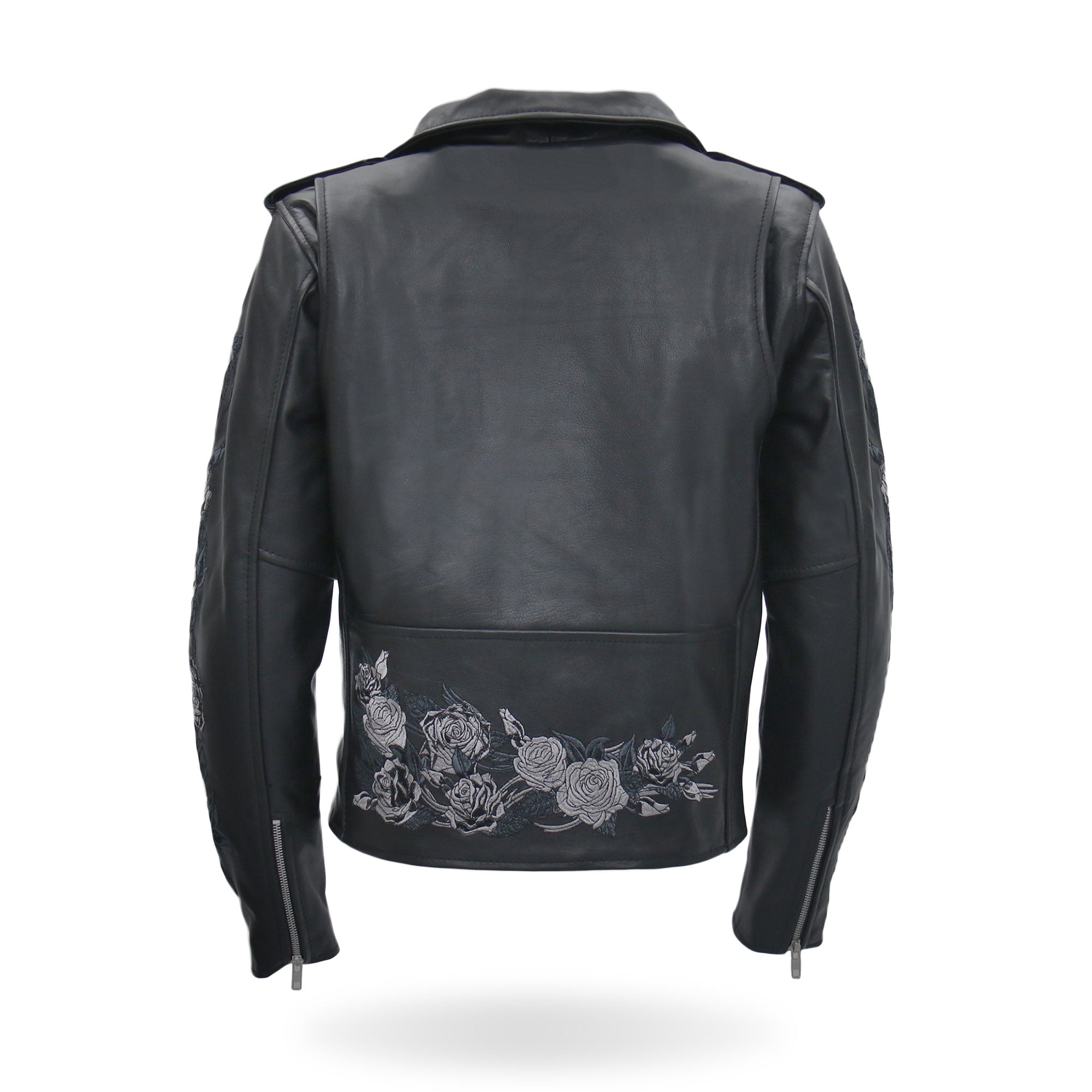 Rose Embroidered Ladies Motorcycle Style Leather Jacket