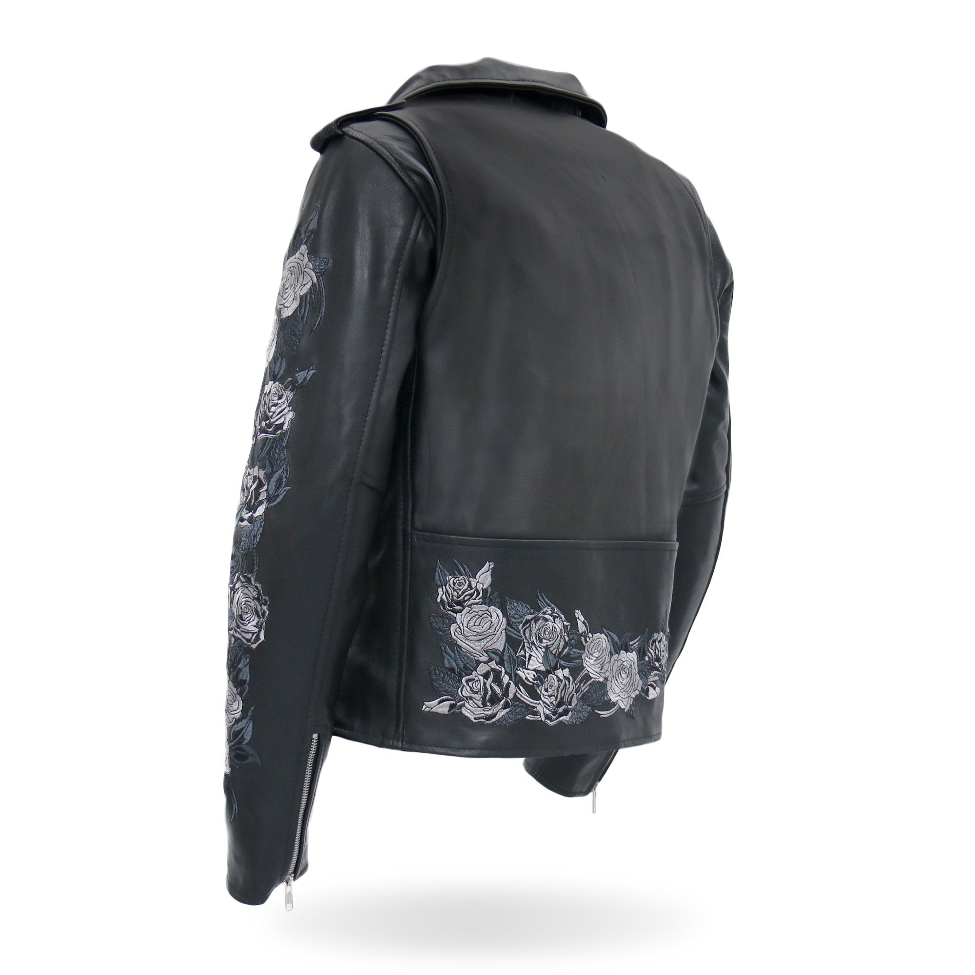 Rose Embroidered Ladies Motorcycle Style Leather Jacket