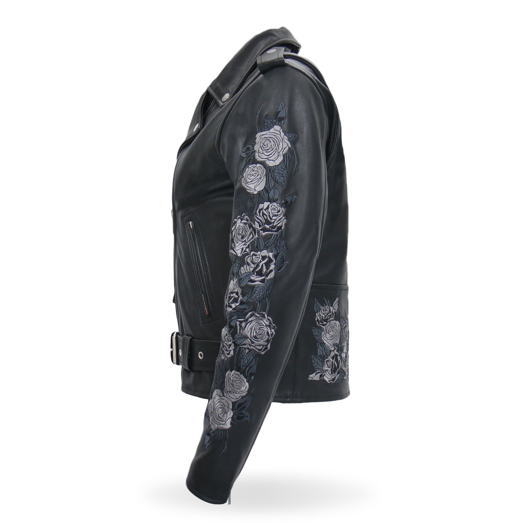 Rose Embroidered Ladies Motorcycle Style Leather Jacket