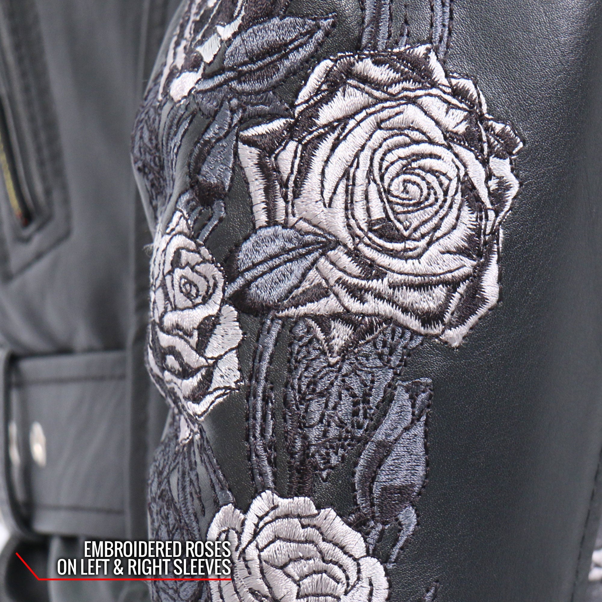 Rose Embroidered Ladies Motorcycle Style Leather Jacket