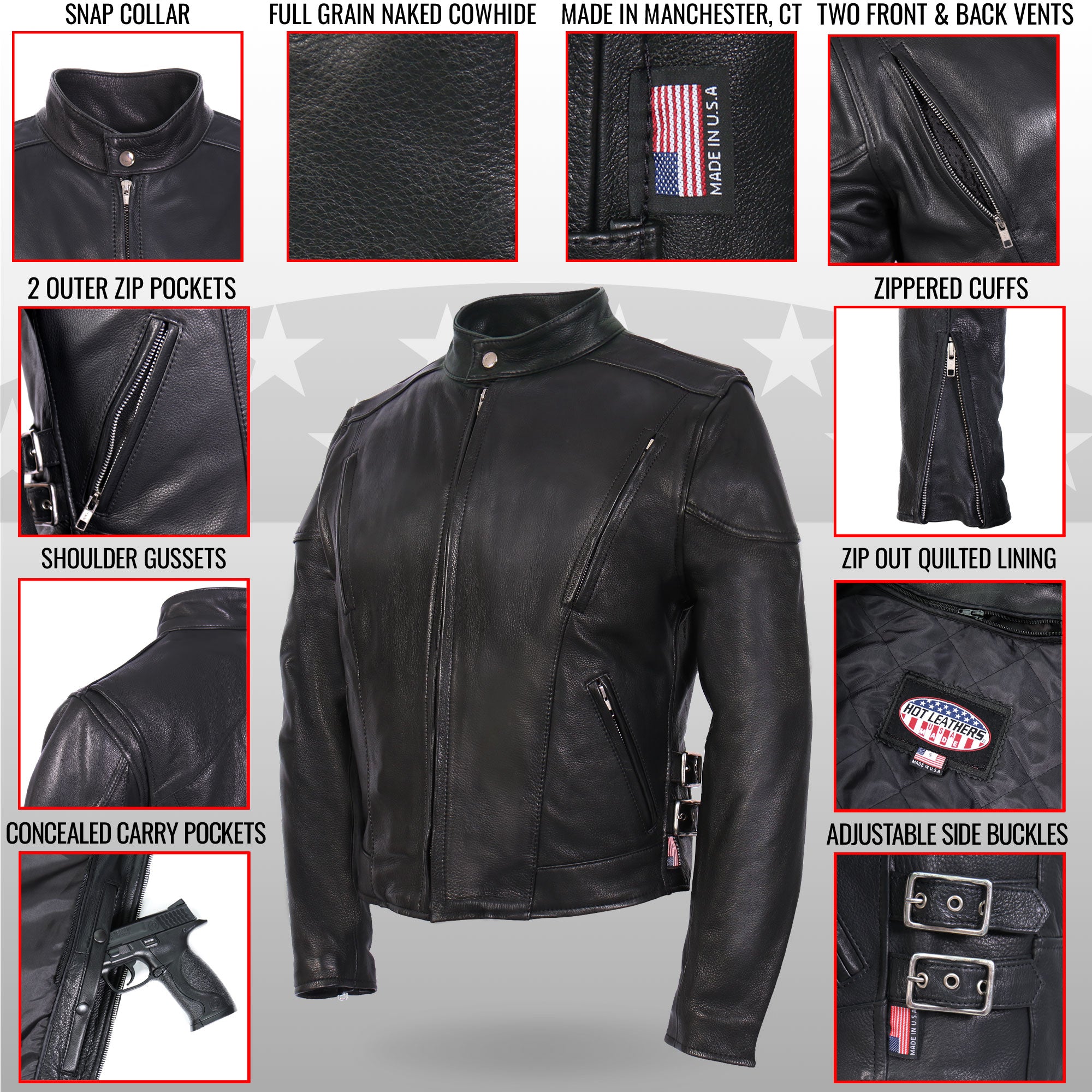 JKL5001 USA Made Ladies Vented Motorcycle Black Leather Biker Jacket