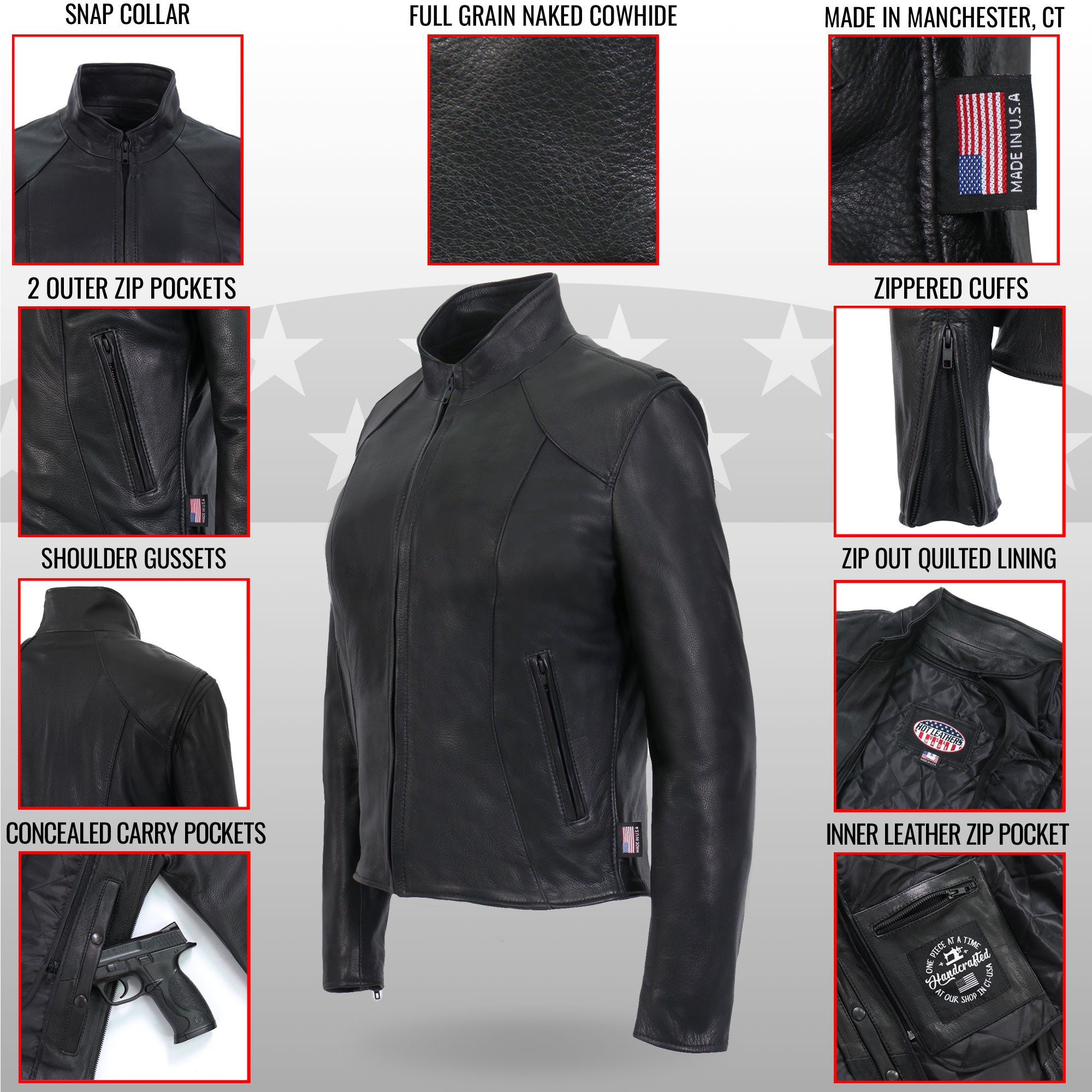 JKL5003 USA Made Ladies Clean Cut Leather Motorcycle Biker Jacket