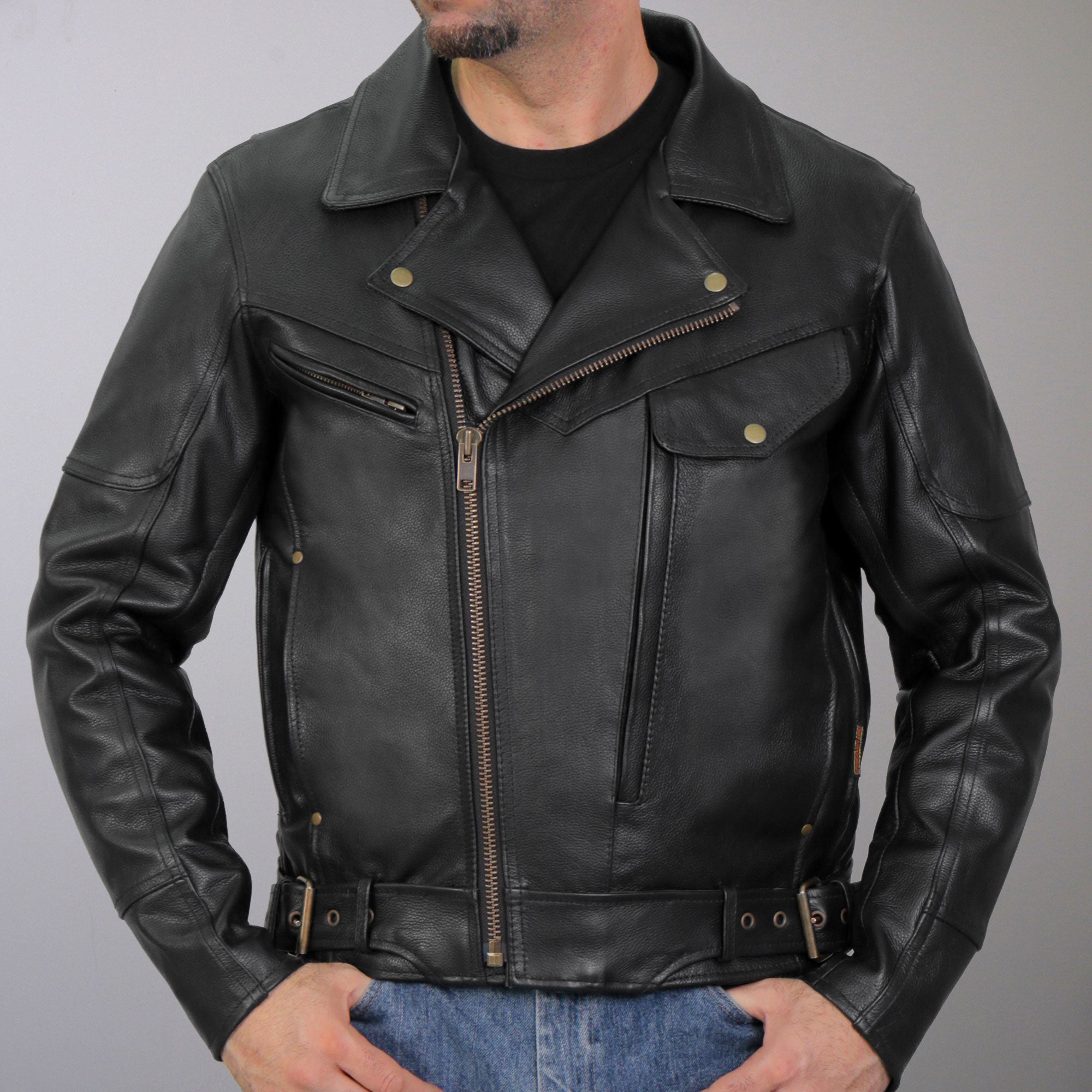 JKM1022 Mens Motorcycle Leather Biker Jacket with Concealed Carry Pocket