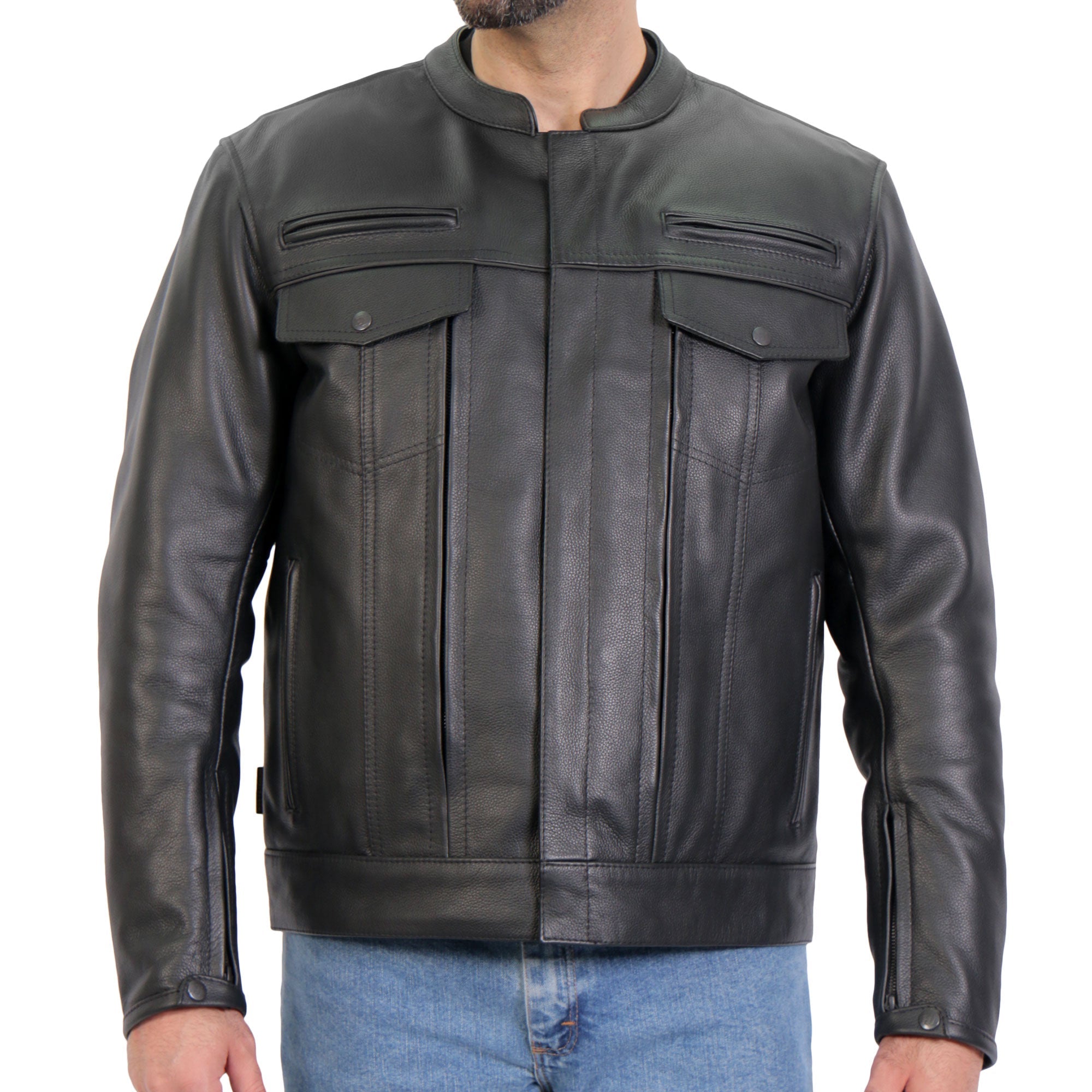 JKM1028 Men's Black Leather Motorcycle style Biker Jacket with Zip Out Lining