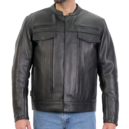 JKM1028 Men's Black Leather Motorcycle style Biker Jacket with Zip Out Lining