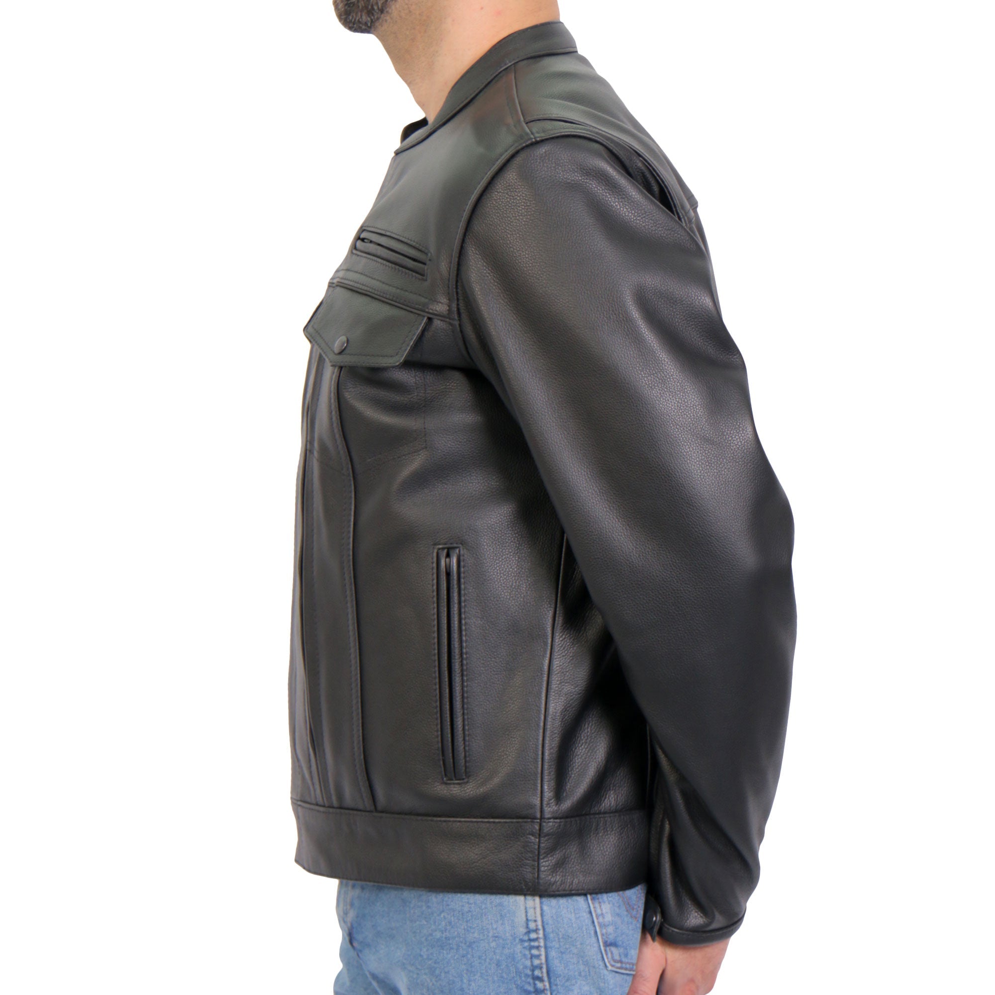 JKM1028 Men's Black Leather Motorcycle style Biker Jacket with Zip Out Lining