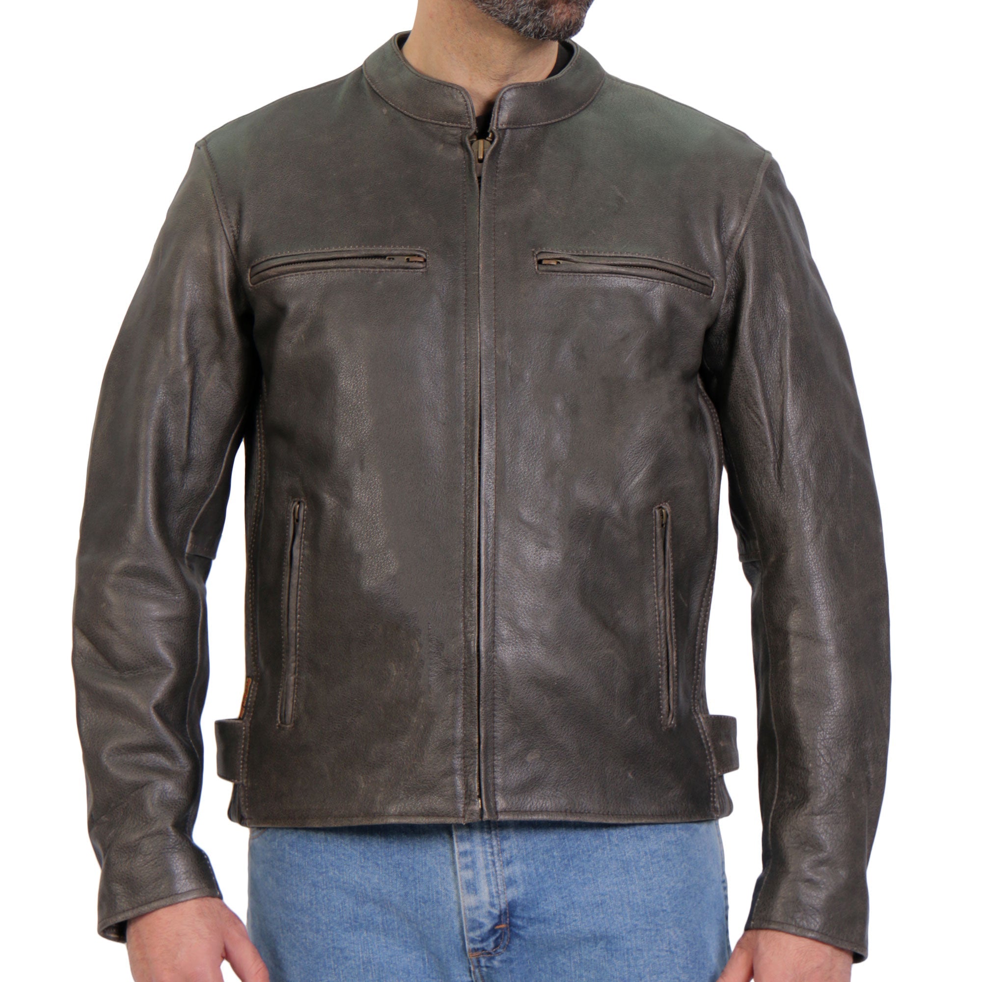 JKM1029 Men’s Distress Brown Motorcycle style ‘Carry and Conceal’ Leather Biker Jacket