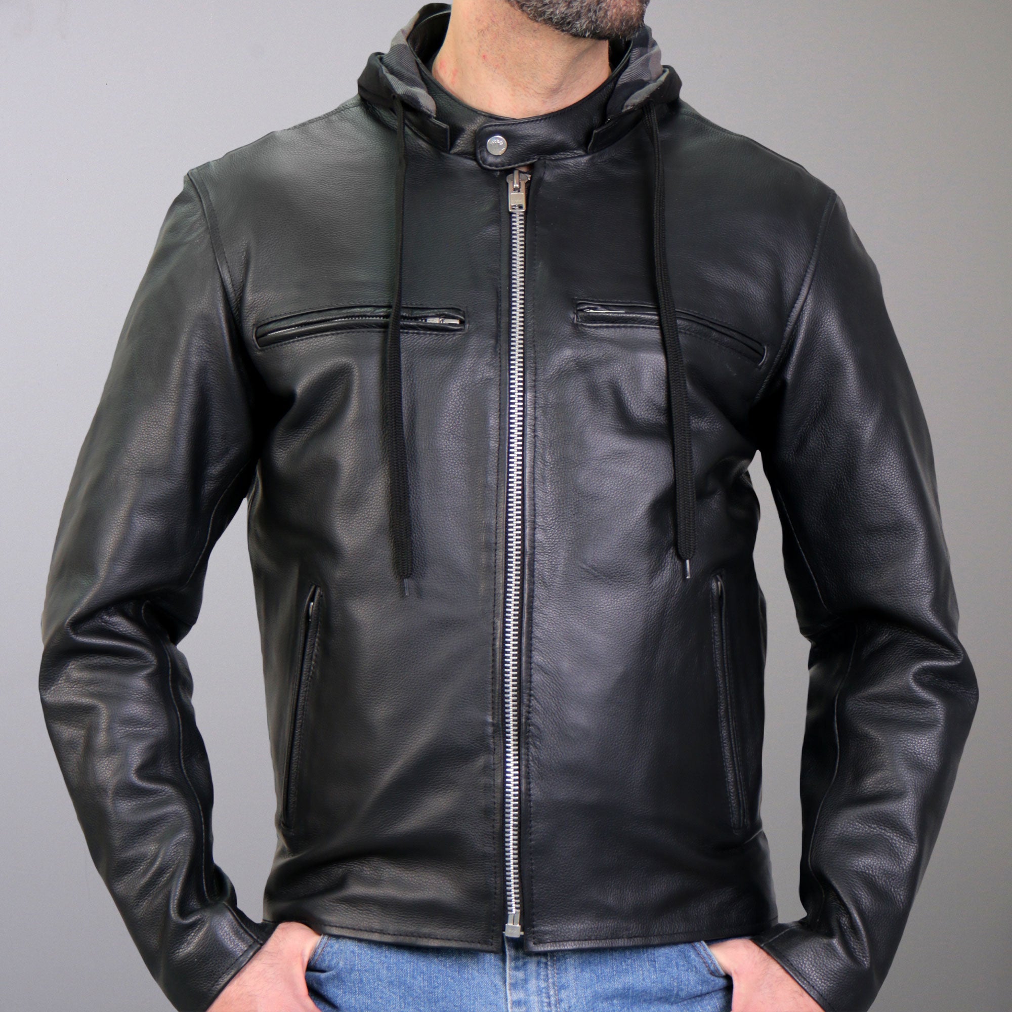 JKM1030 Men’s Black Motorcycle ‘Carry and Conceal’ Leather Biker Jacket with Flannel Lined Hood
