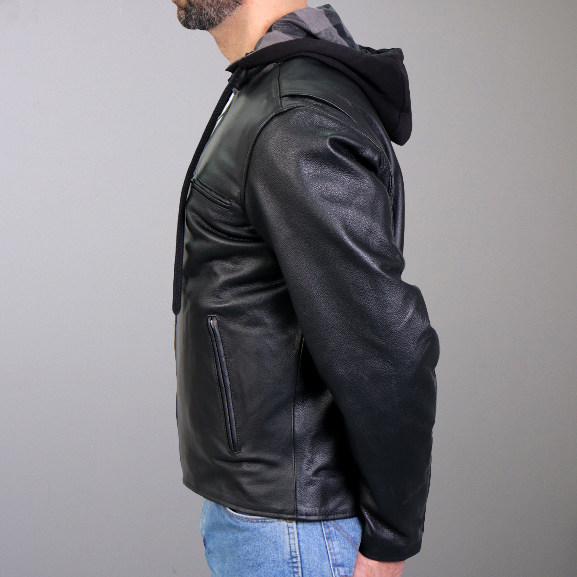 JKM1030 Men’s Black Motorcycle ‘Carry and Conceal’ Leather Biker Jacket with Flannel Lined Hood