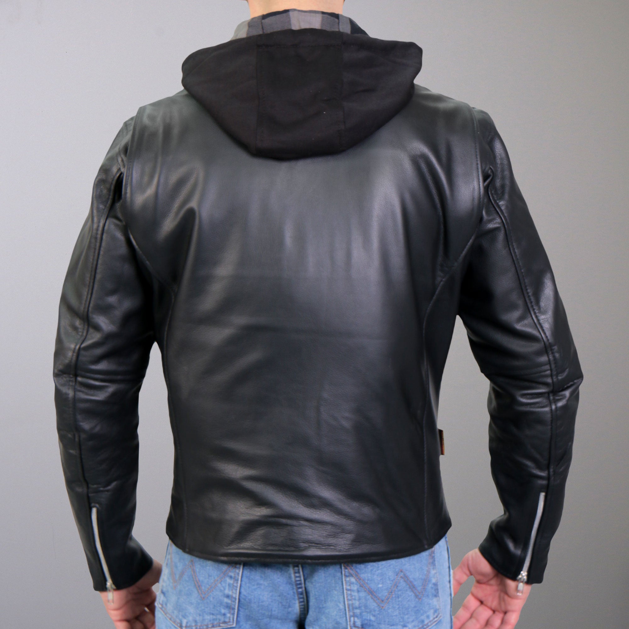 JKM1030 Men’s Black Motorcycle ‘Carry and Conceal’ Leather Biker Jacket with Flannel Lined Hood