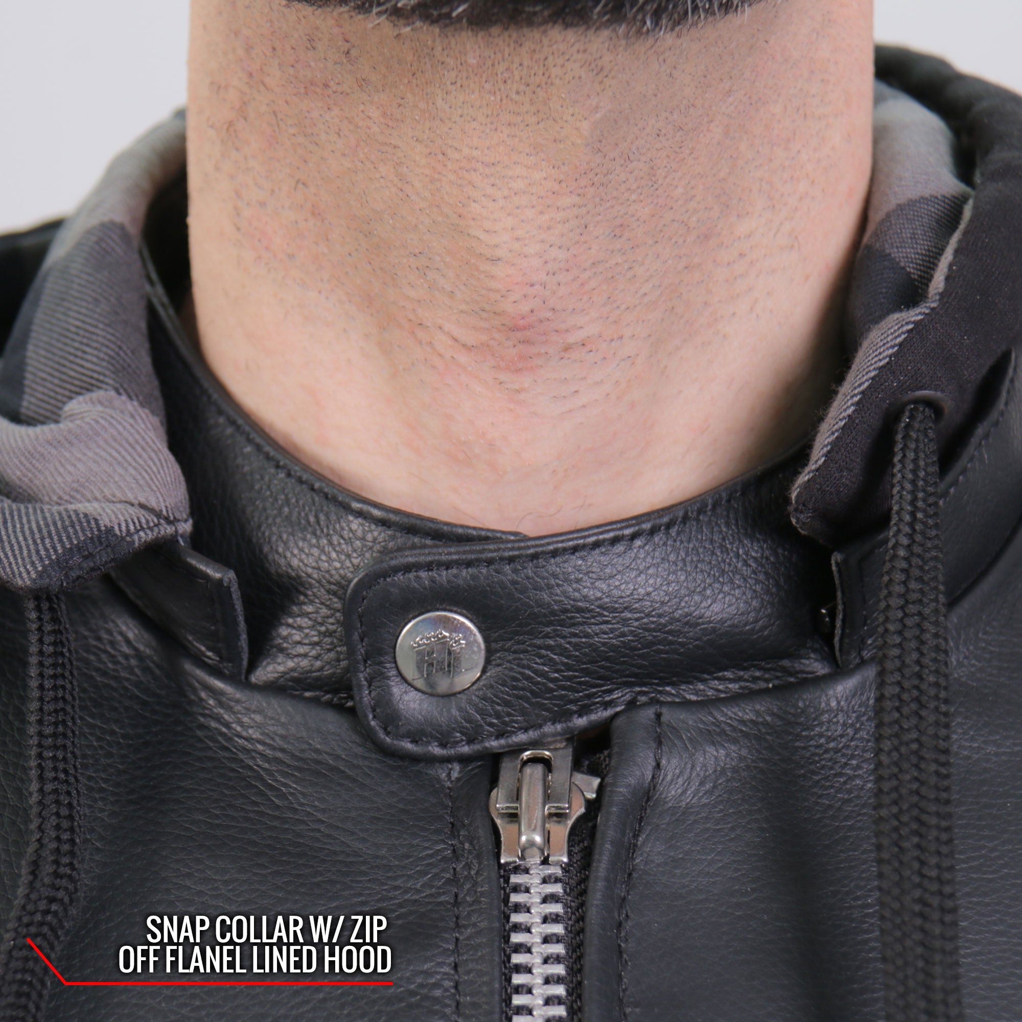 JKM1030 Men’s Black Motorcycle ‘Carry and Conceal’ Leather Biker Jacket with Flannel Lined Hood