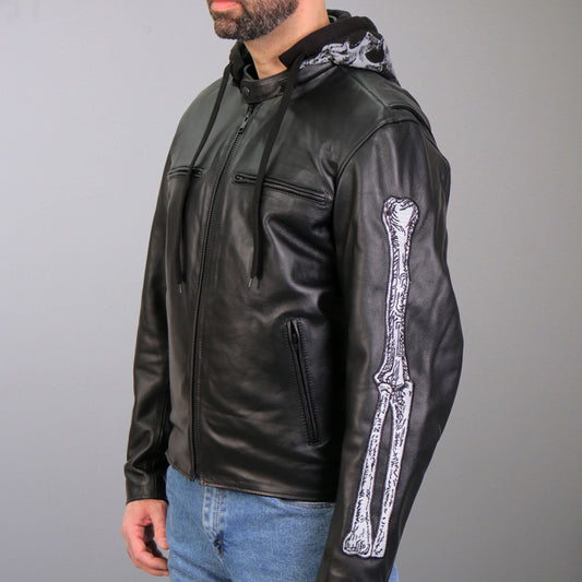 JKM1031 Men’s Biker  ‘Skull and Bones’ Leather Motorcycle Jacket with Flannel Lining