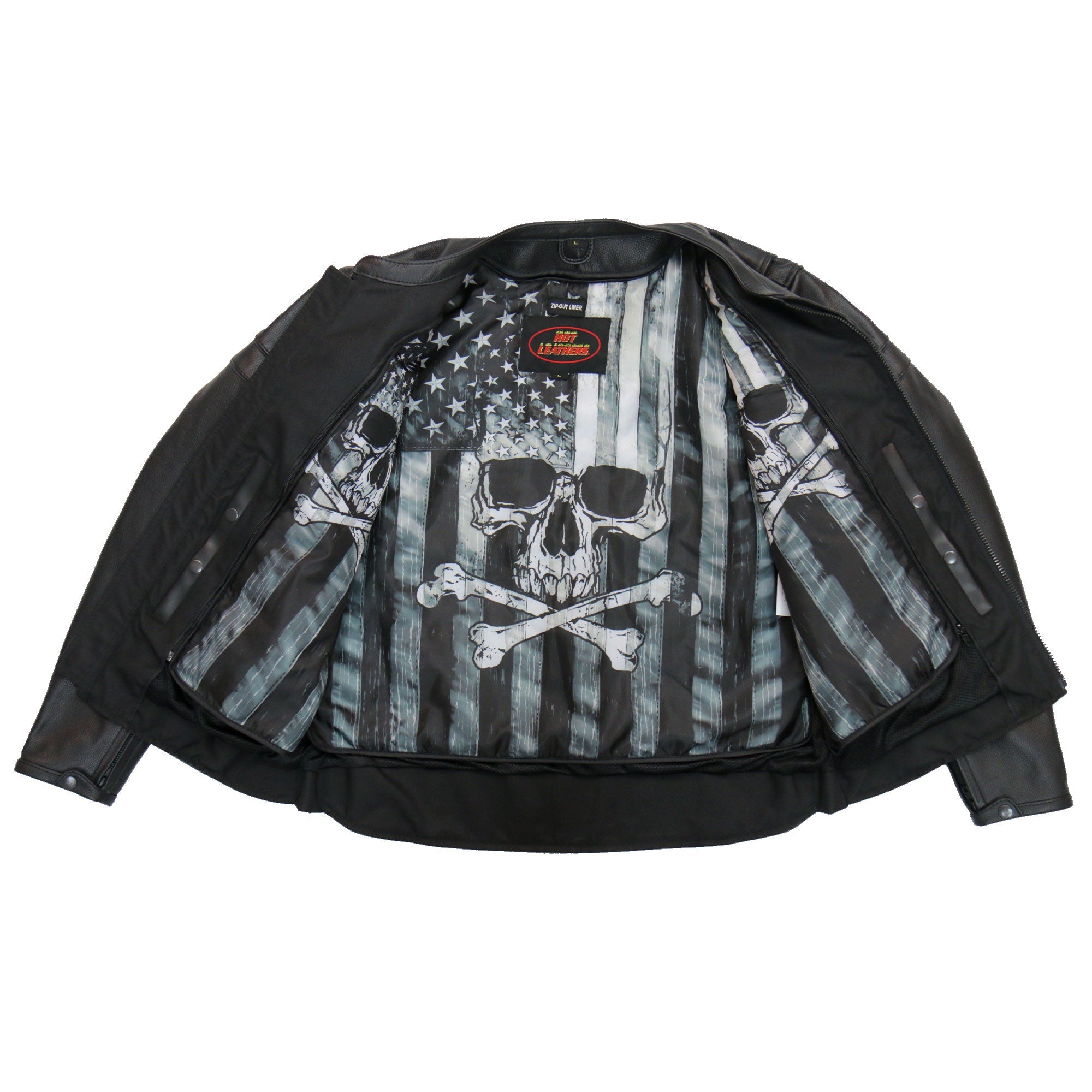 JKM1032 Men’s Motorcycle Black ‘Skull Flag' Printed Leather Biker Jacket with Concealed Carry Pockets