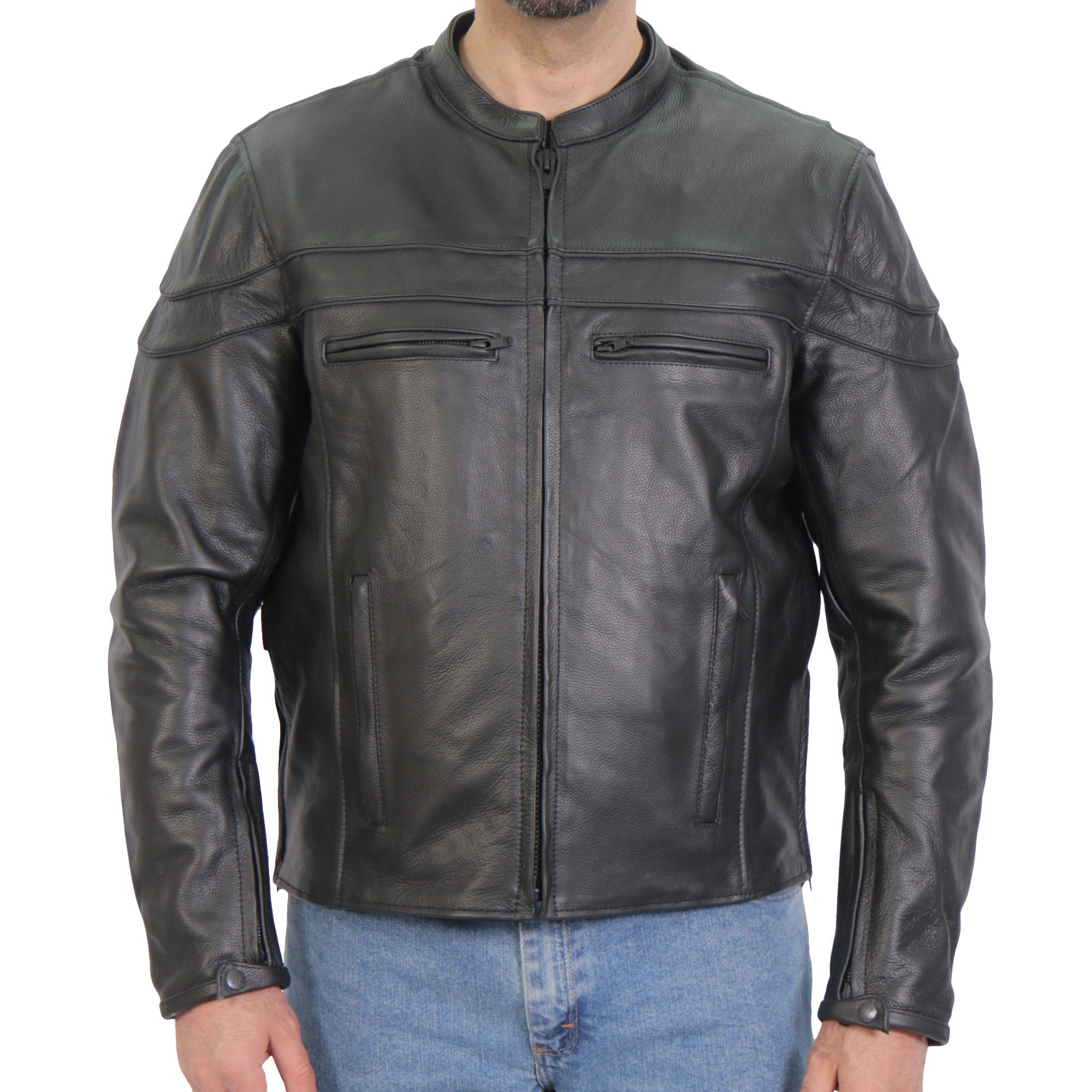 JKM1032 Men’s Motorcycle Black ‘Skull Flag' Printed Leather Biker Jacket with Concealed Carry Pockets