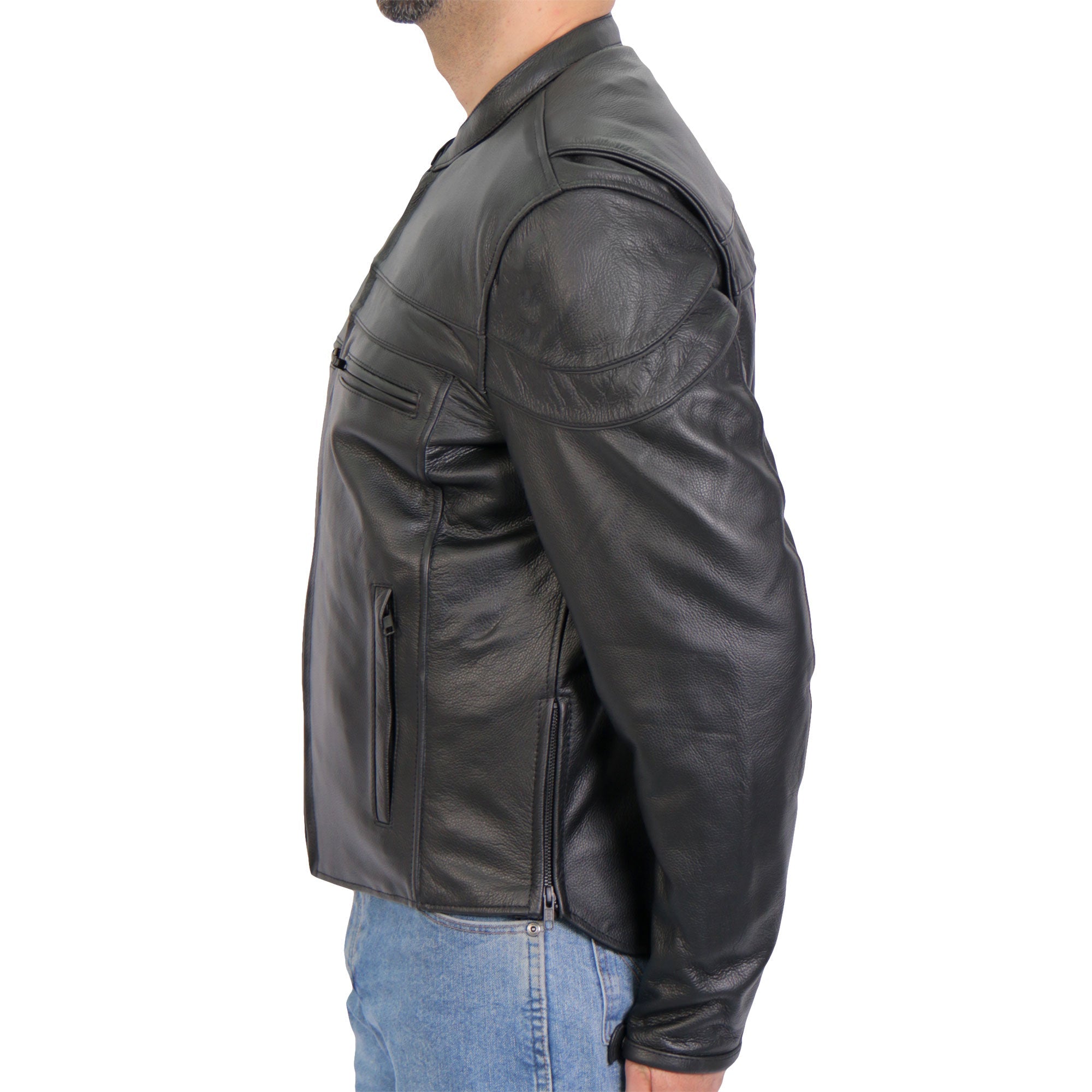 JKM1032 Men’s Motorcycle Black ‘Skull Flag' Printed Leather Biker Jacket with Concealed Carry Pockets