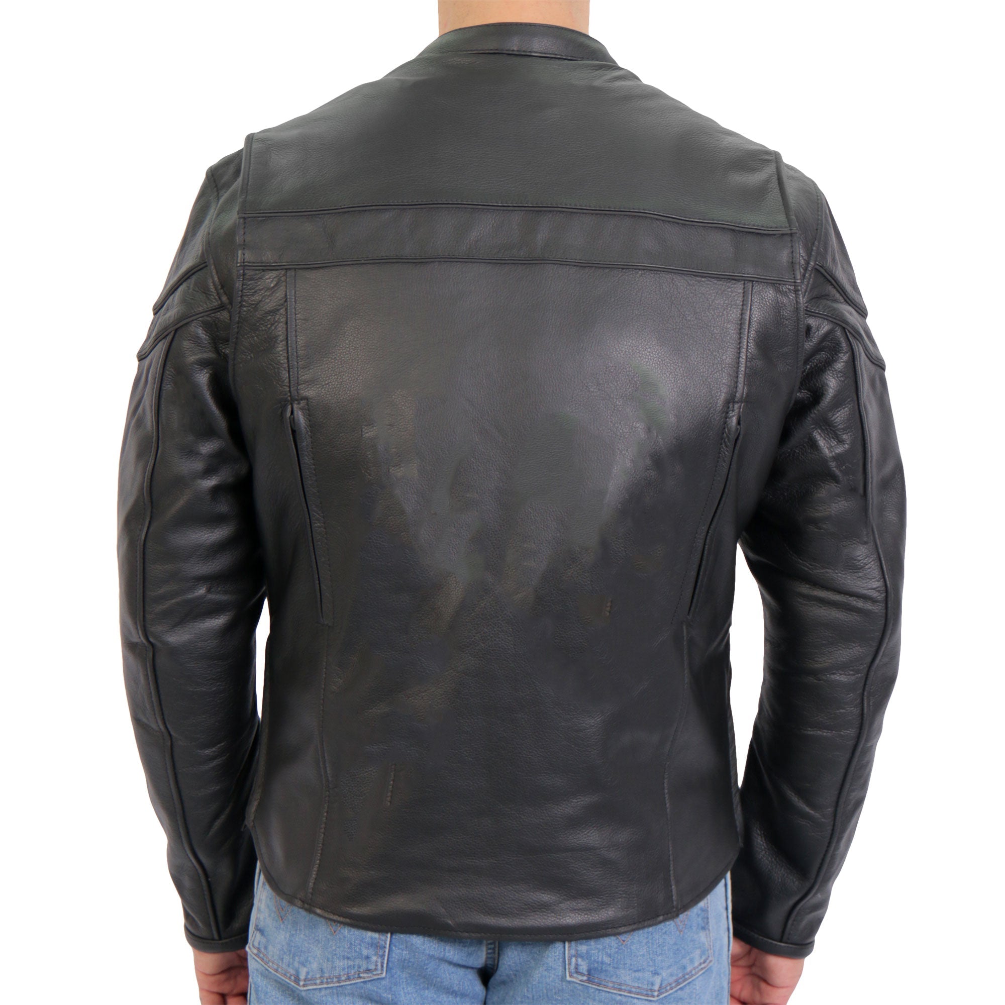 JKM1032 Men’s Motorcycle Black ‘Skull Flag' Printed Leather Biker Jacket with Concealed Carry Pockets