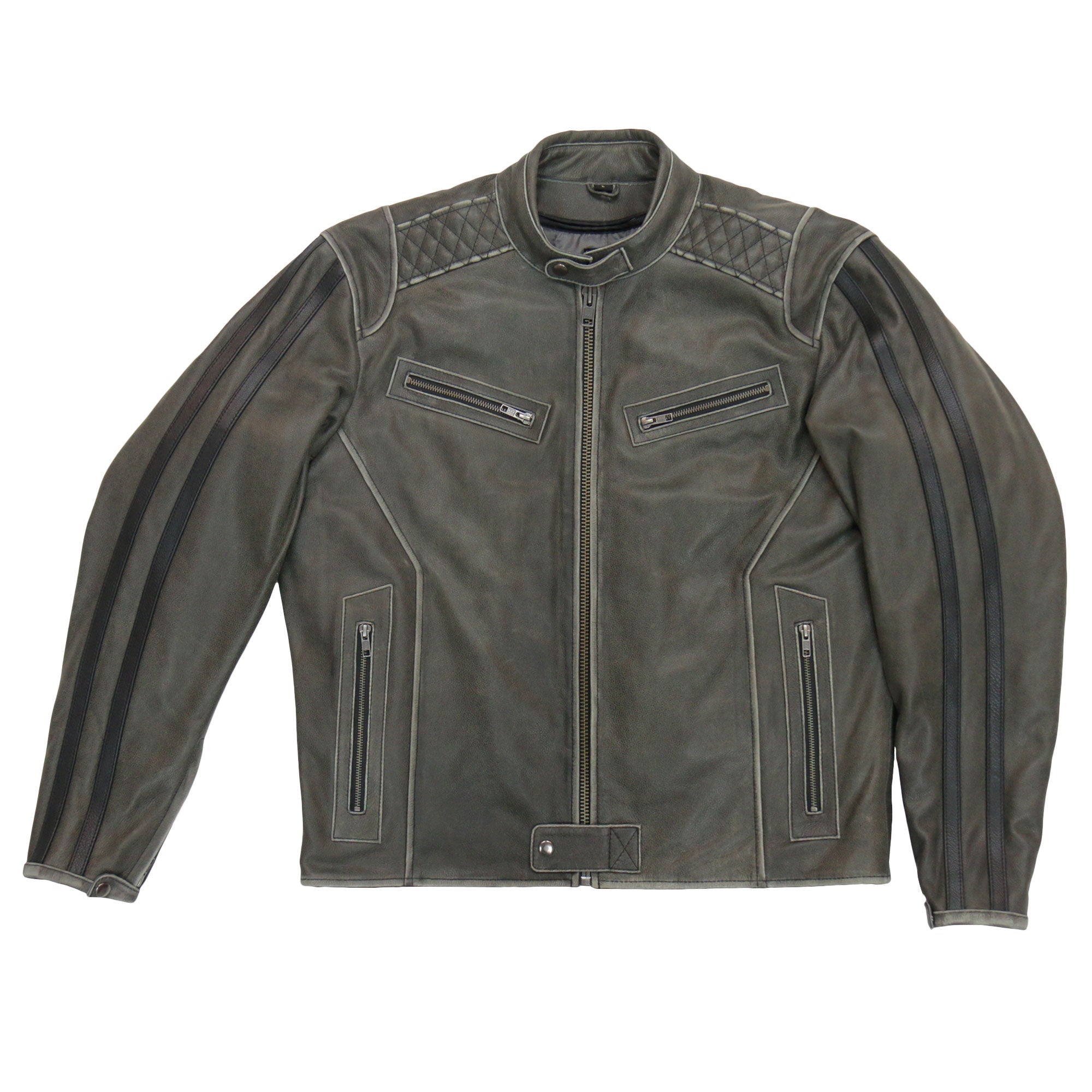JKM1033 Men’s Distress Grey ‘Café Racer' Biker Leather Motorcycle Jacket with Concealed Carry Pockets
