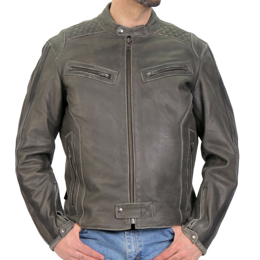 JKM1033 Men’s Distress Grey ‘Café Racer' Biker Leather Motorcycle Jacket with Concealed Carry Pockets