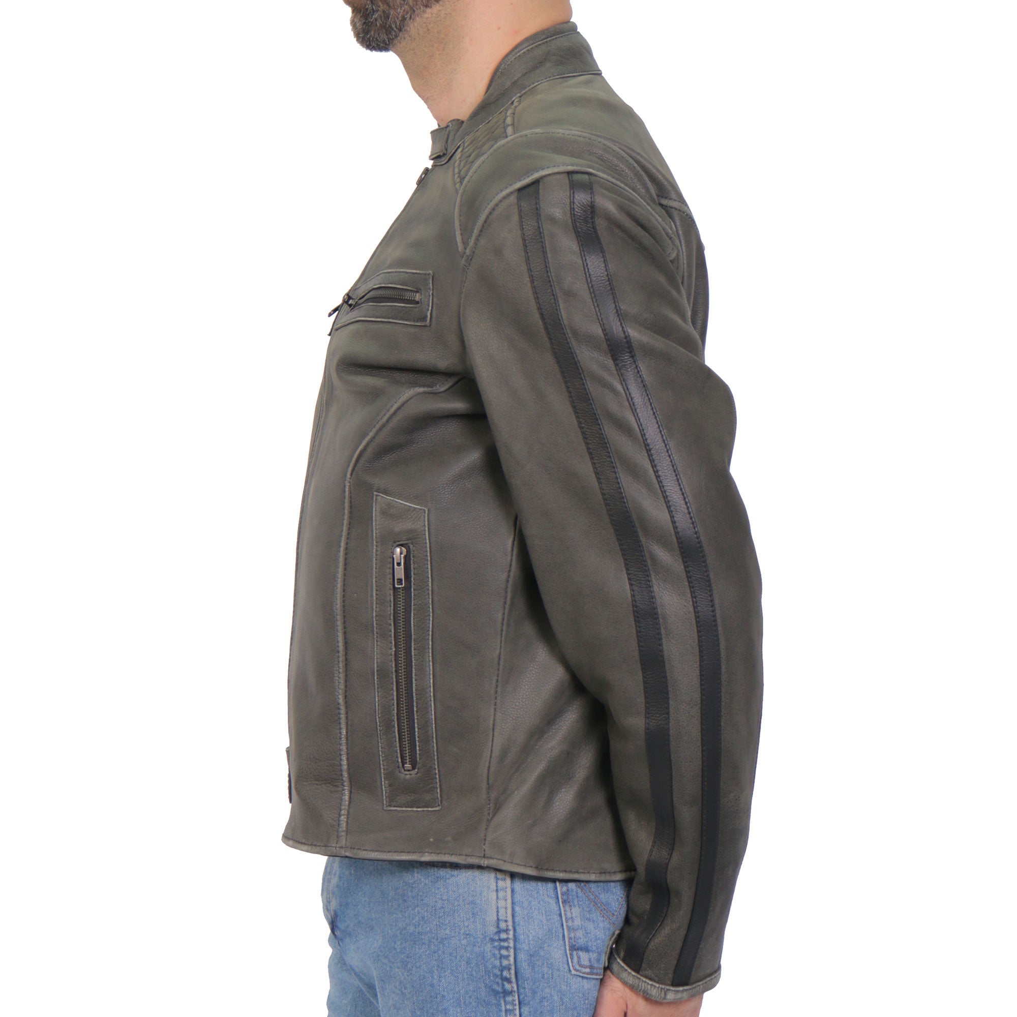 JKM1033 Men’s Distress Grey ‘Café Racer' Biker Leather Motorcycle Jacket with Concealed Carry Pockets