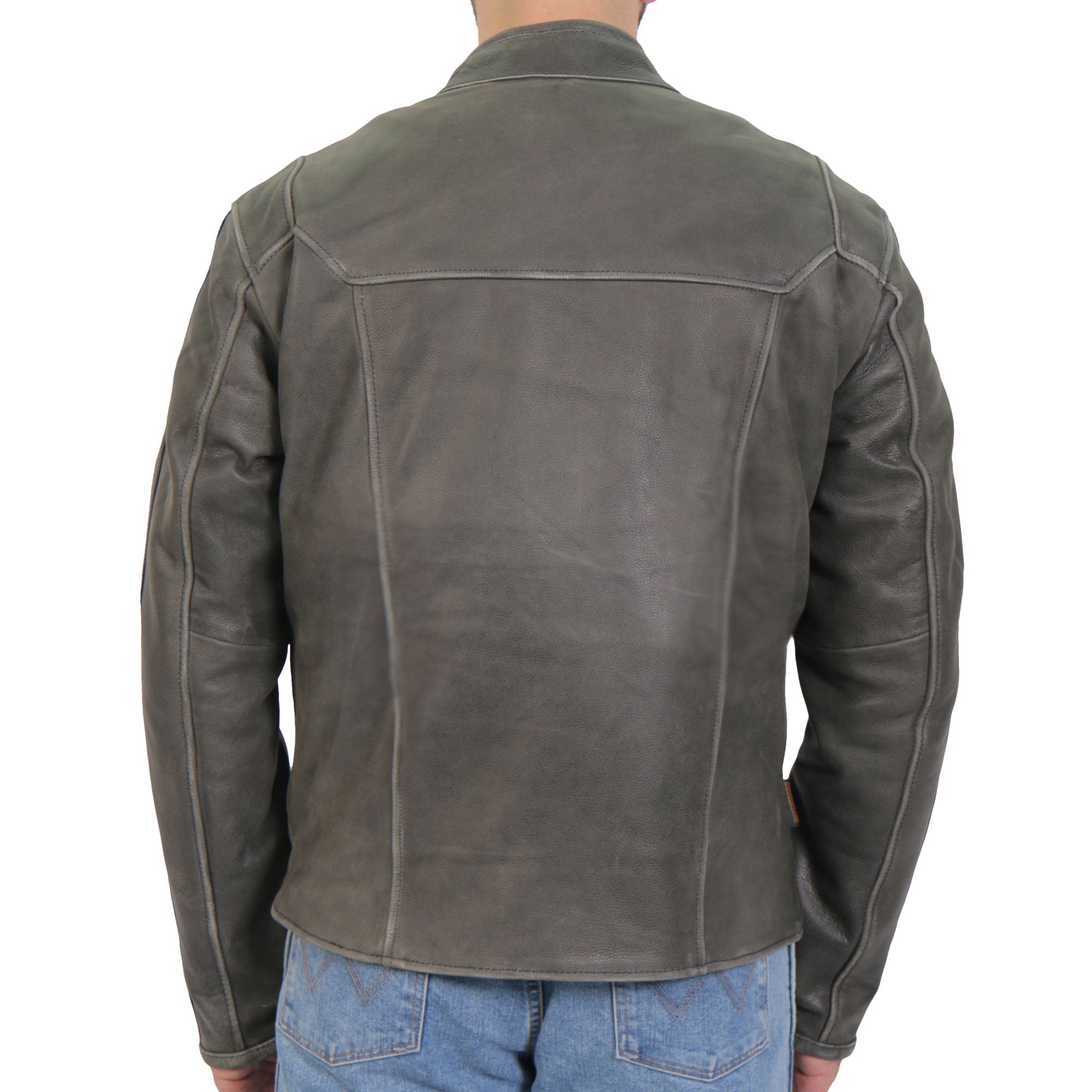 JKM1033 Men’s Distress Grey ‘Café Racer' Biker Leather Motorcycle Jacket with Concealed Carry Pockets