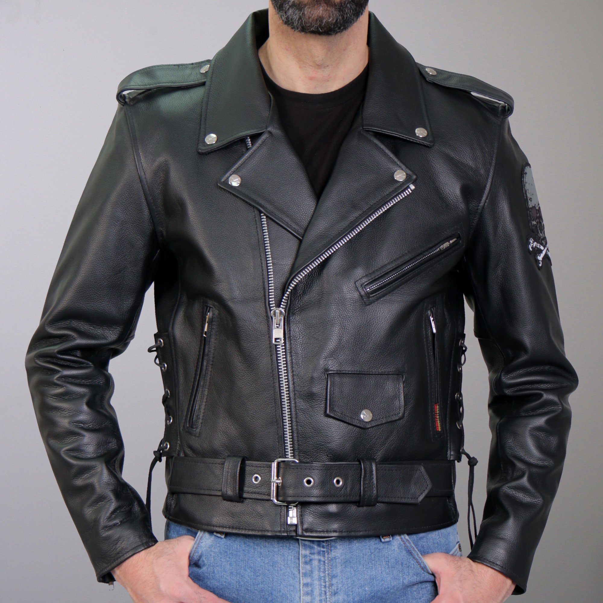 JKM2001 Men’s Black ‘Skull And Crossbones' Motorcycle Leather Biker Jacket