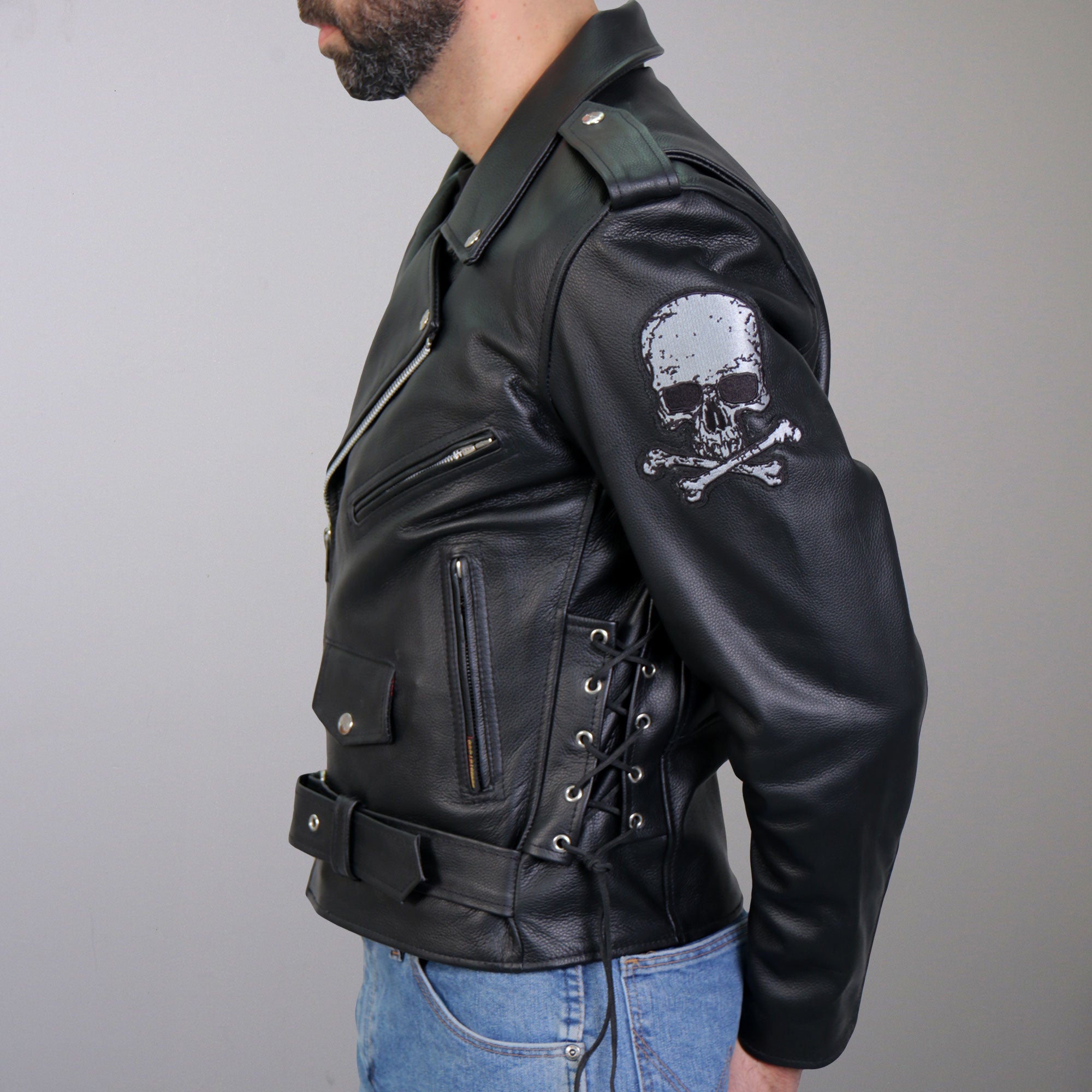 JKM2001 Men’s Black ‘Skull And Crossbones' Motorcycle Leather Biker Jacket